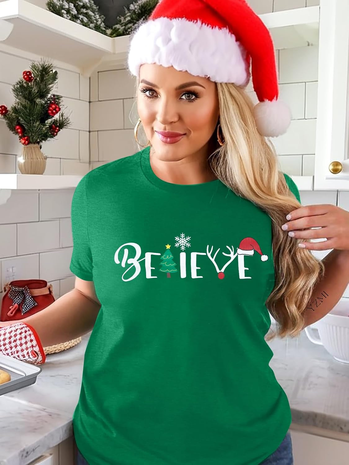 Christmas Shirt for Women Believe Letter Print T Shirts Asual Retro Holiday Short Sleeve Pullover Tops Xmas Gift
