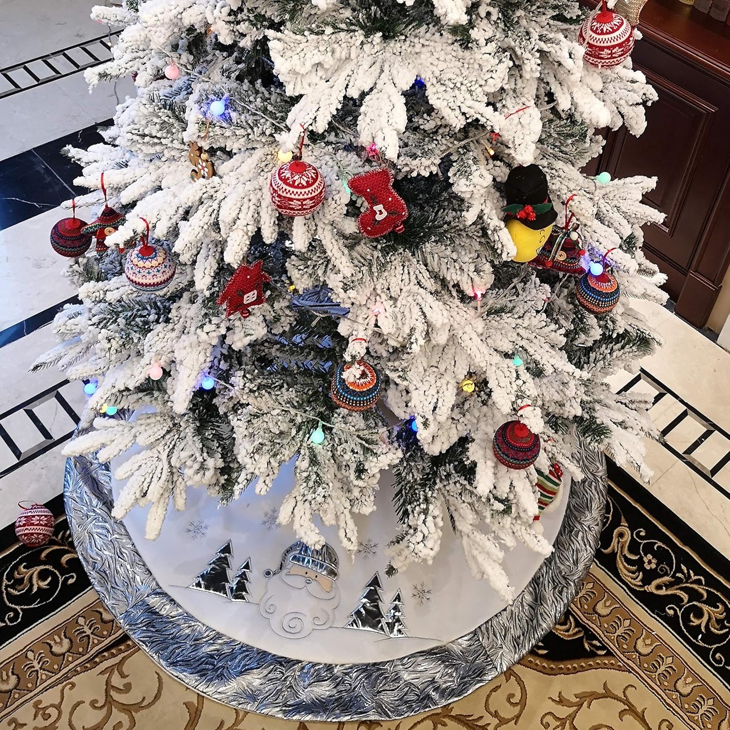 36'' Luxury Silvery Christmas Tree Skirt Santa Embroidered White Santa Claus Snowflake with Satin Border Xmas Tree Skirt Christmas Tree Ornaments Gifts