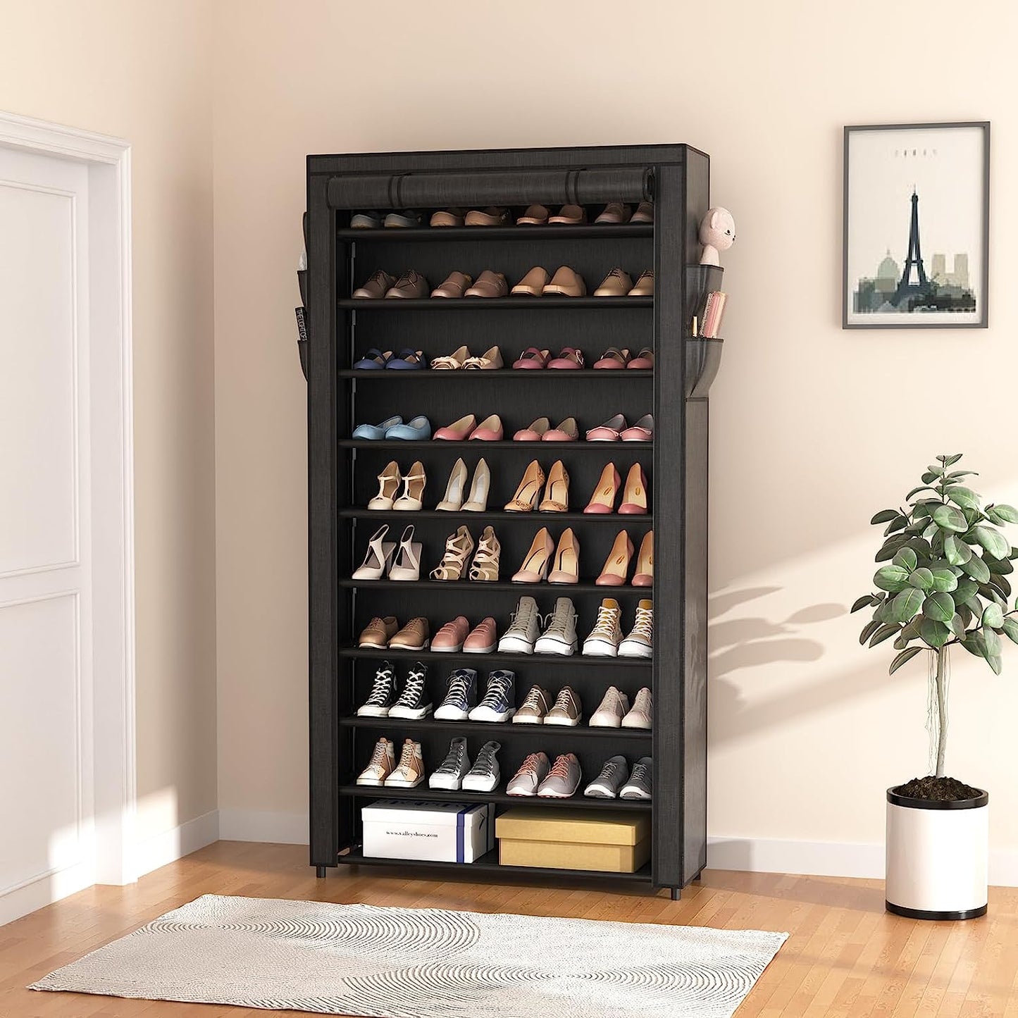 10 Tier Shoe Rack with Covers,Large Capacity Stackable Tall Shoe Shelf Storage to 50-55 Pairs Shoes and Boots Sturdy Metal Free Standing Shoe Rack Organizer for Closet Entryway Garage