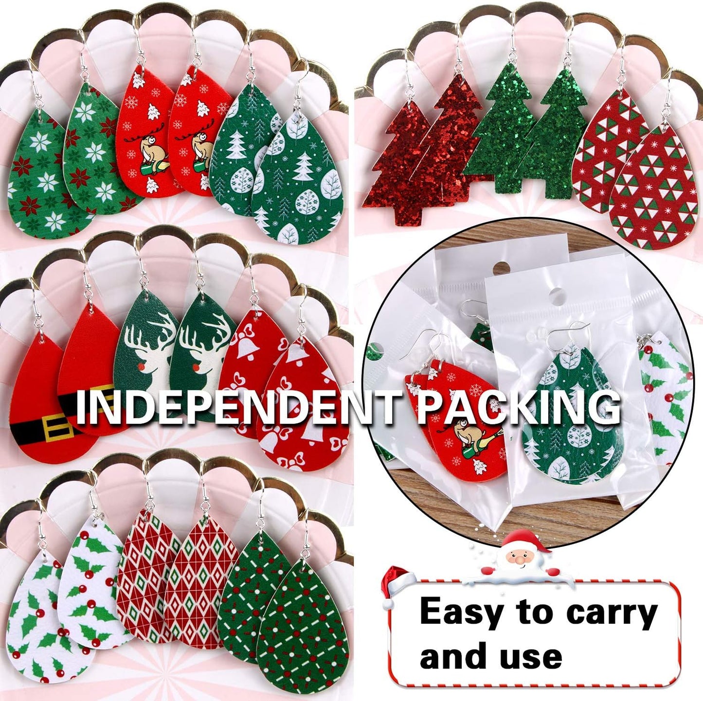 12 Pairs Christmas Faux Leather Earrings for Women Lightweight Leaf Long Dangle Earrings Teardrop Earrings