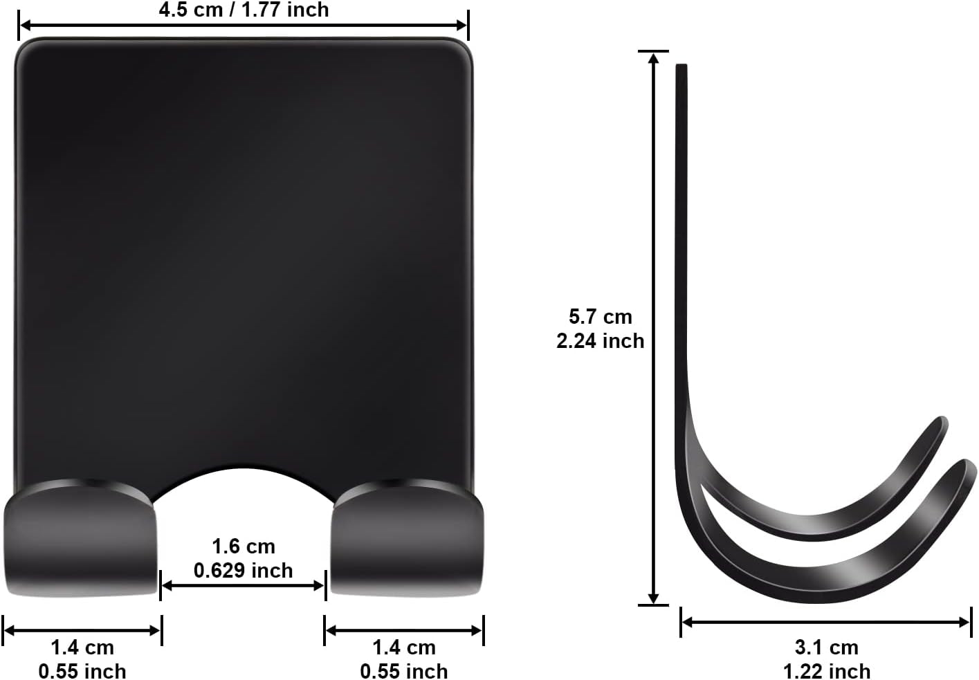 Razor Holder 304 Stainless Steel for Shower + Adhesive Sticky Heavy Duty Waterproof Wall Hooks, Premium for Hanging Towels, Coat, Hat (2+2 Pack) - Black