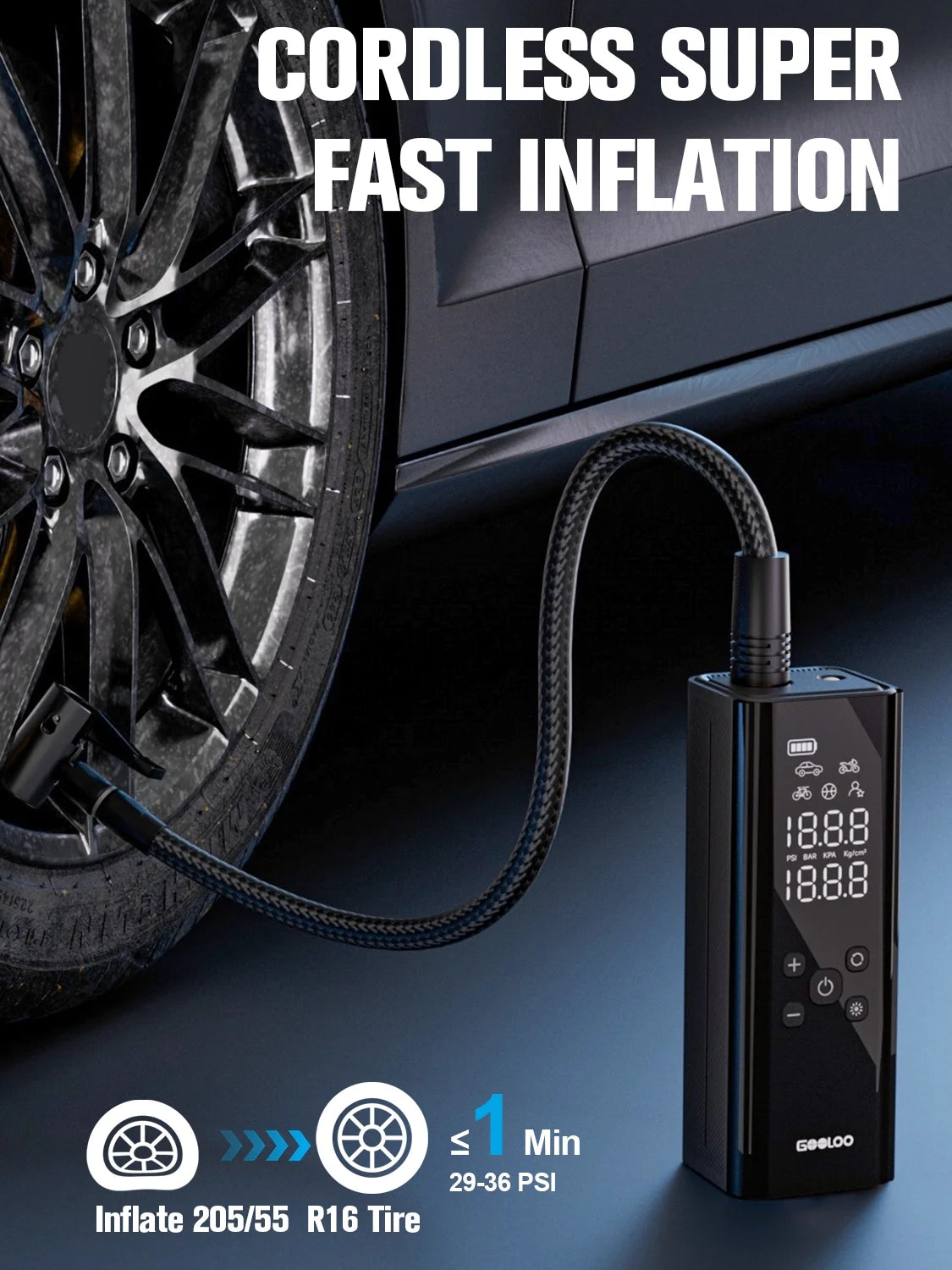 GT150 Cordless Portable Tire Inflator, 7500Mah 150 PSI Air Compressor for Car Tires, Digital Pressure Gauge, Automatic Shut-Off, Emergency LED Light, Compact Electric Air Pump