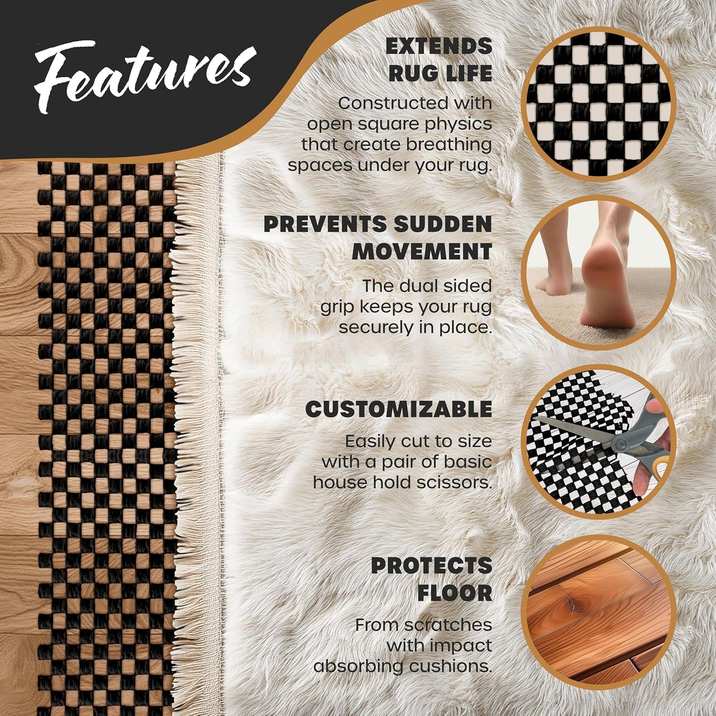 5'X7' Black anti Skid Rug Gripper for Hardwood Floors & Other Surfaces | Thick PVC Non Slip Rug Pad 5X7 Ft. | Trim-To-Fit under Rug Non Slip Pad & Carpet Pad | Rug Stoppers to Prevent Sliding