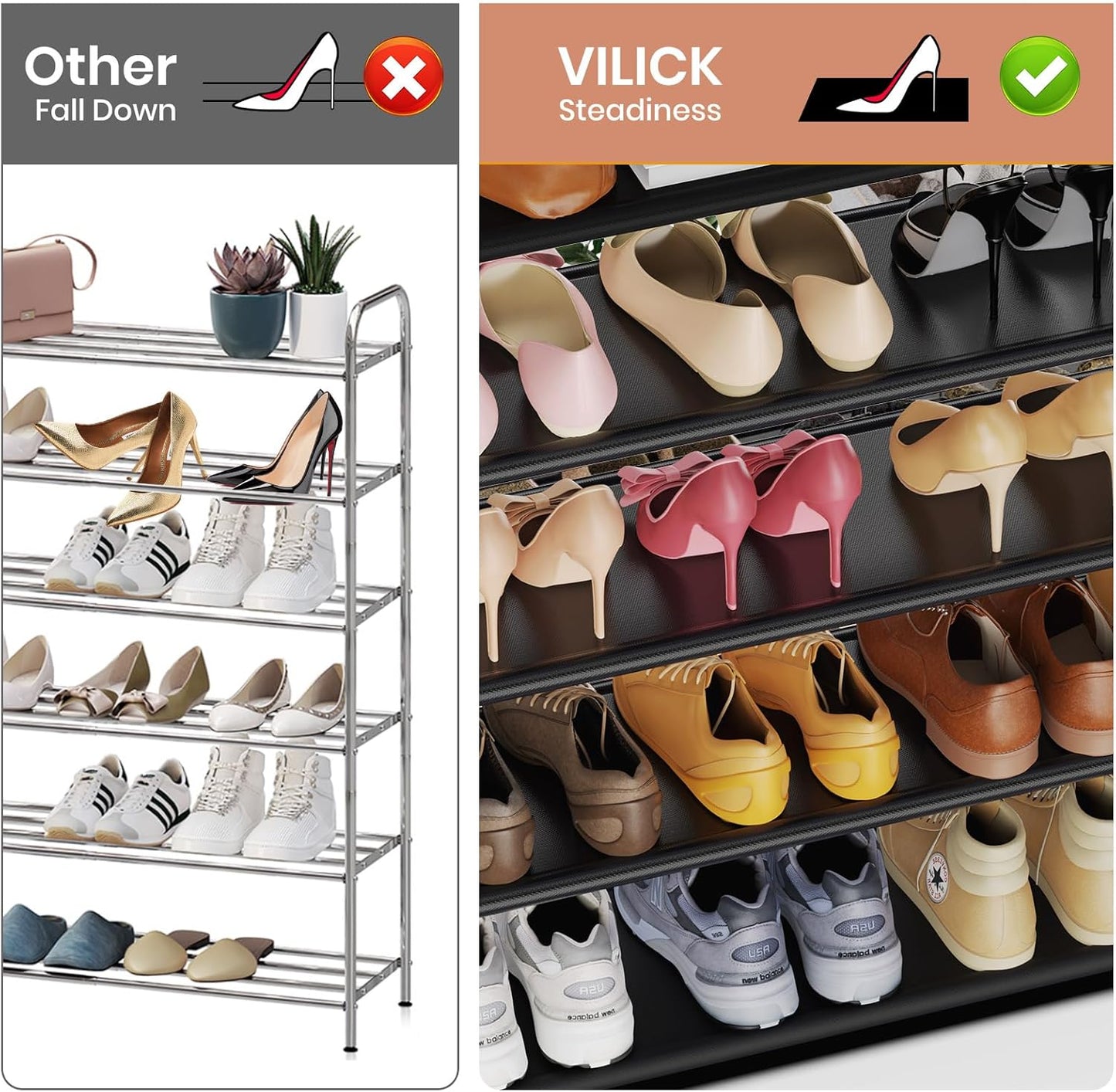 5 Tier Shoe Rack with Hook and Side Pocket,Shoe Organizer Space Saver Storage for 20-25 Pair Shoe Storage Shelf Sturdy Free Standing Long Shoe Rack Organizer for Closet,Entryway,Small Spaces