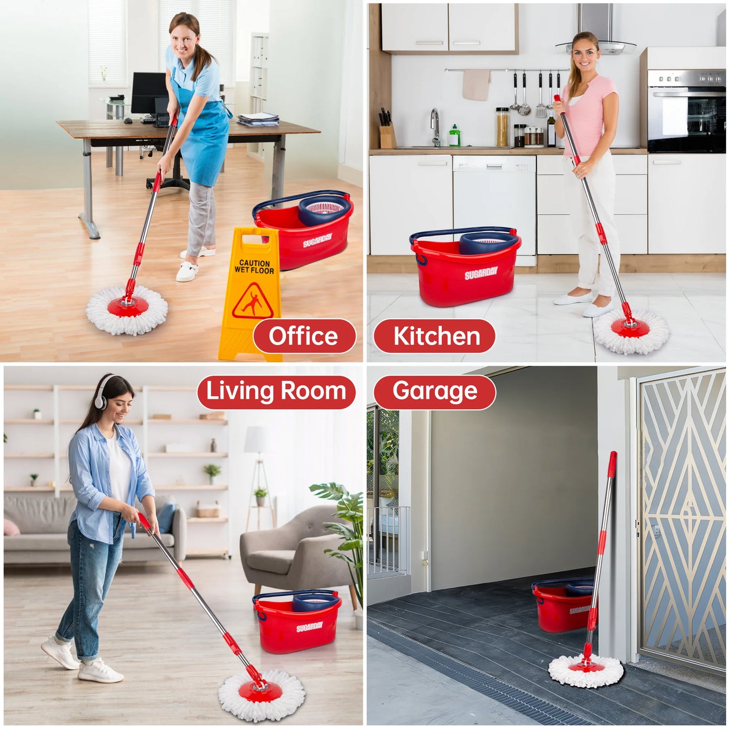 Spin Mop and Bucket System with Wringer Set for Floors with 3 Microfiber Mop Heads, Red