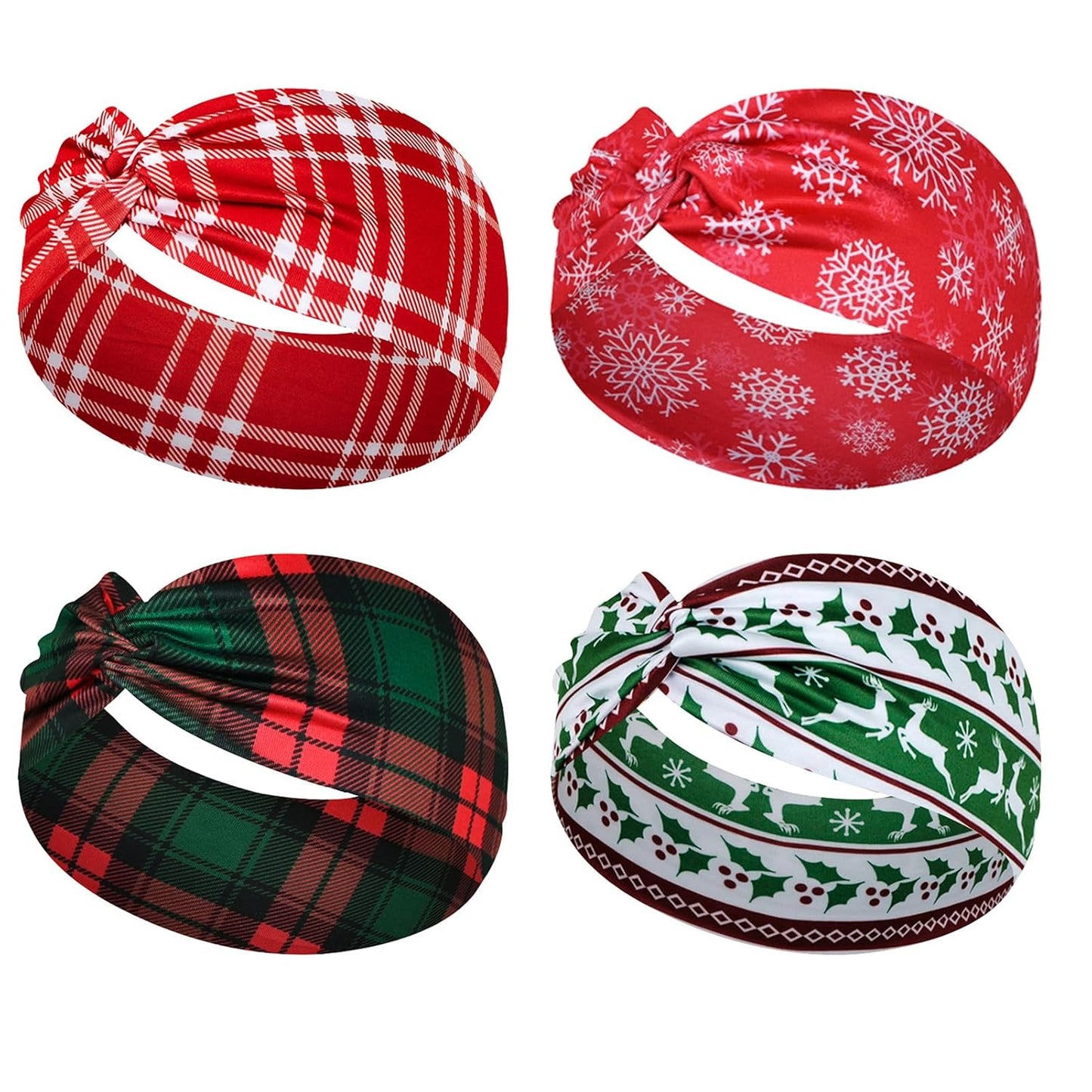 4Pcs Christmas Headbands for Women - Snowflake Santa Snowman Xmas Tree Holiday Hair Bands, Festive Gift Hair Accessories (Plaid)