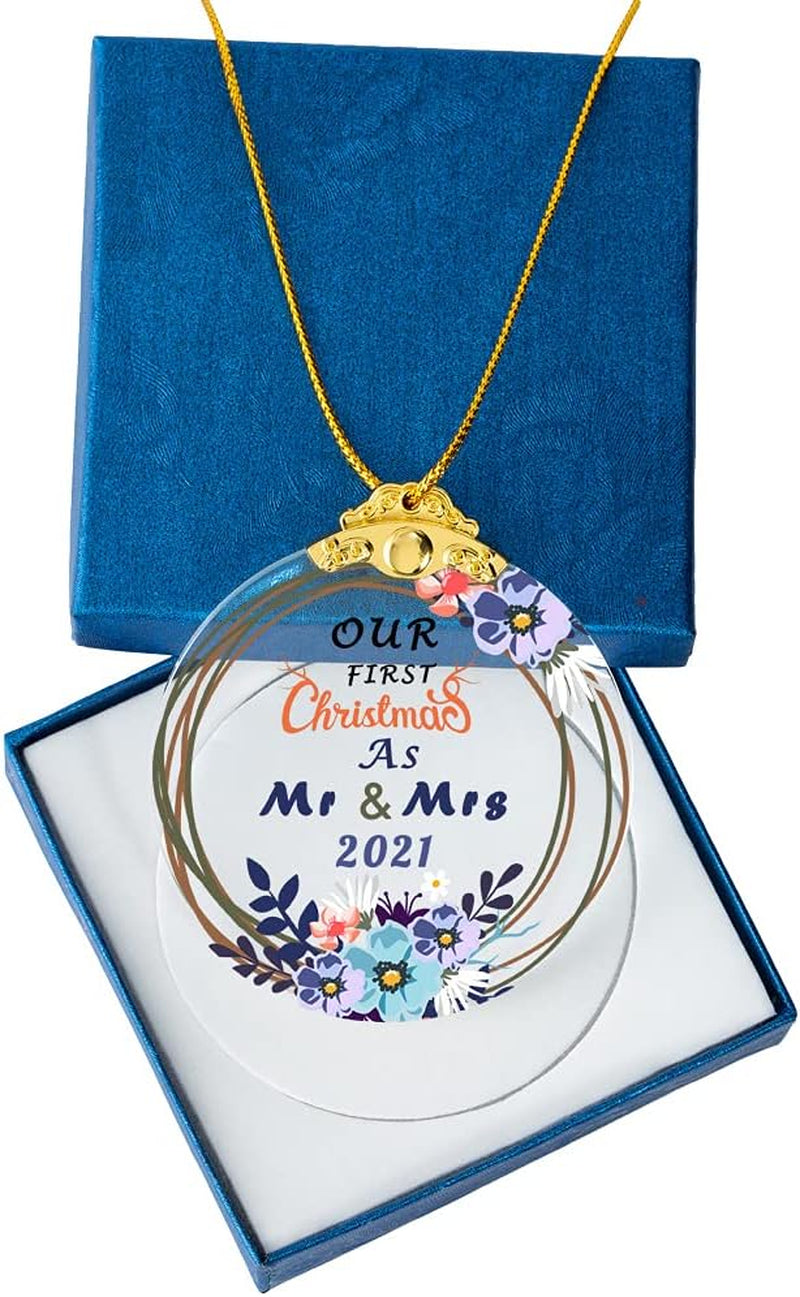 Our First Christmas as Mr & Mrs 2021 Christmas Tree Ornaments Crystal Glass Present for Newly-Married Couple Wedding Keepsake Ceremony Friends Christmas Tree Pendant Novelty Souvenir