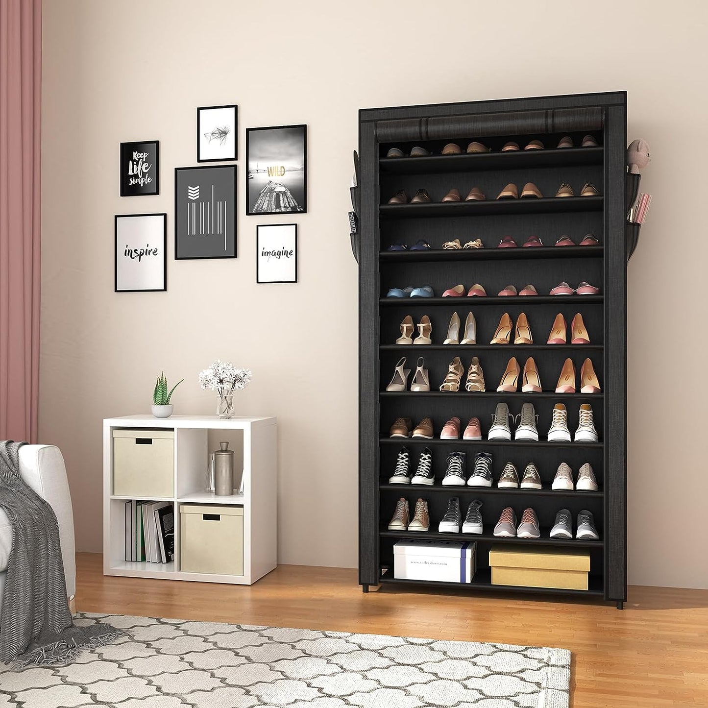 10 Tier Shoe Rack with Covers,Large Capacity Stackable Tall Shoe Shelf Storage to 50-55 Pairs Shoes and Boots Sturdy Metal Free Standing Shoe Rack Organizer for Closet Entryway Garage
