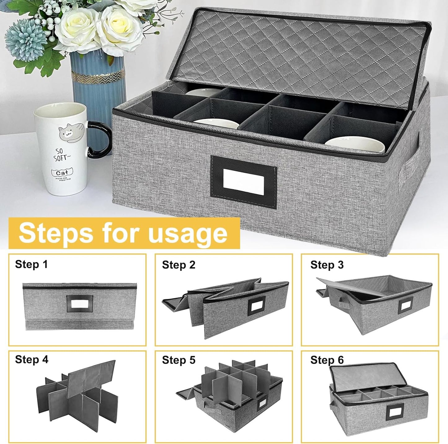 Coffee Mug Storage Box with Dividers, Durable China Storage Containers for Coffee Mugs, Tea Cups Storage Organizer with Lid, Handles, Label Window, Holds 12 Mugs, Hard Shell and Stackable (Grey)