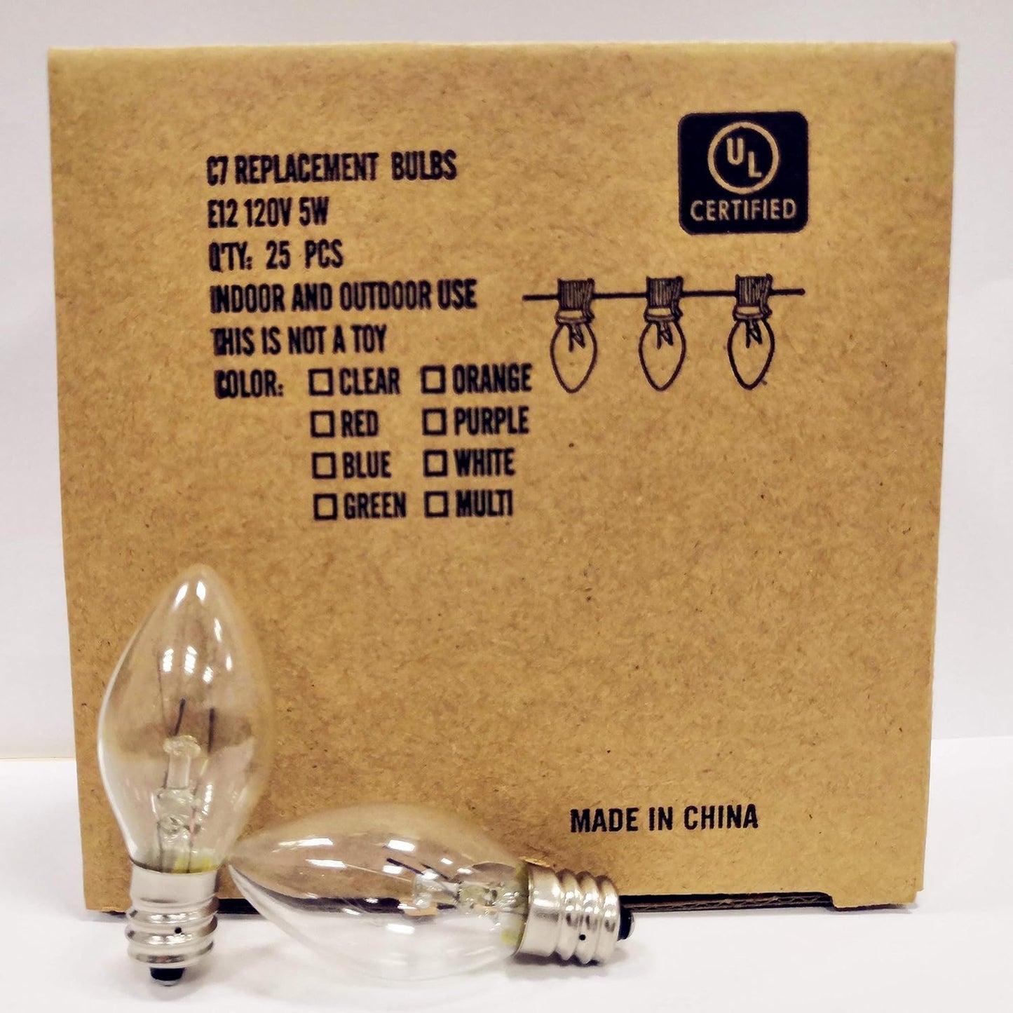 25 Pack C7 Clear Replacement Bulbs Christmas Light Bulbs, Outdoor Patio String Light Bulbs, C7 Night Light Replacement Bulbs, E12/C7 Candelabra Base, 5 Watt- Clear