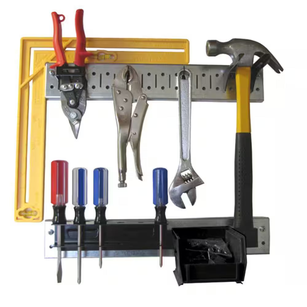 32 In. W Pegboard Tool Organizer Rail Strip Kit with Shiny Galvanized Steel Pegboard Strips