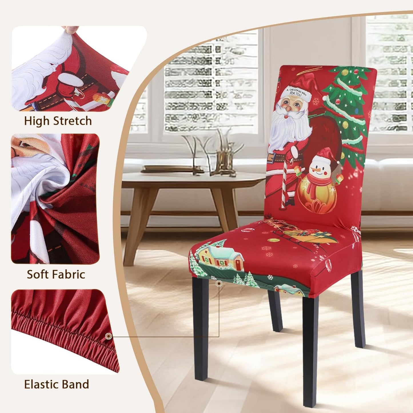 Christmas Dining Chair Covers Set of 4,Stretch Printed Kitchen Chair Cover Washable Spandex Xmas Parsons Chair Protector Slipcovers for Christmas Decoration,Holiday Party(Santa Claus)