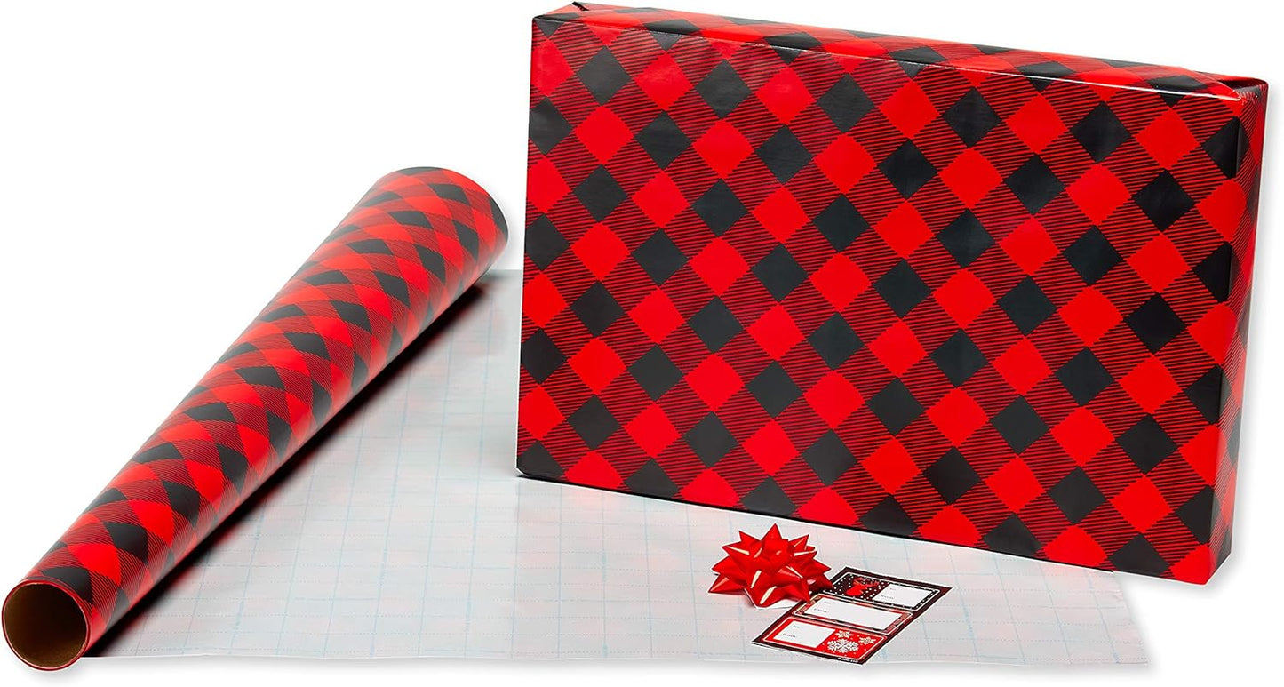 Buffalo Plaid Christmas Wrapping Paper Set, Red and Black Holiday Gift Wrap (120 Sq. Ft., 4 Rolls-30 In. X 12 Ft., 7 Adhesive Bows, 30 Gift Tag Stickers) Snowflakes and Reindeer