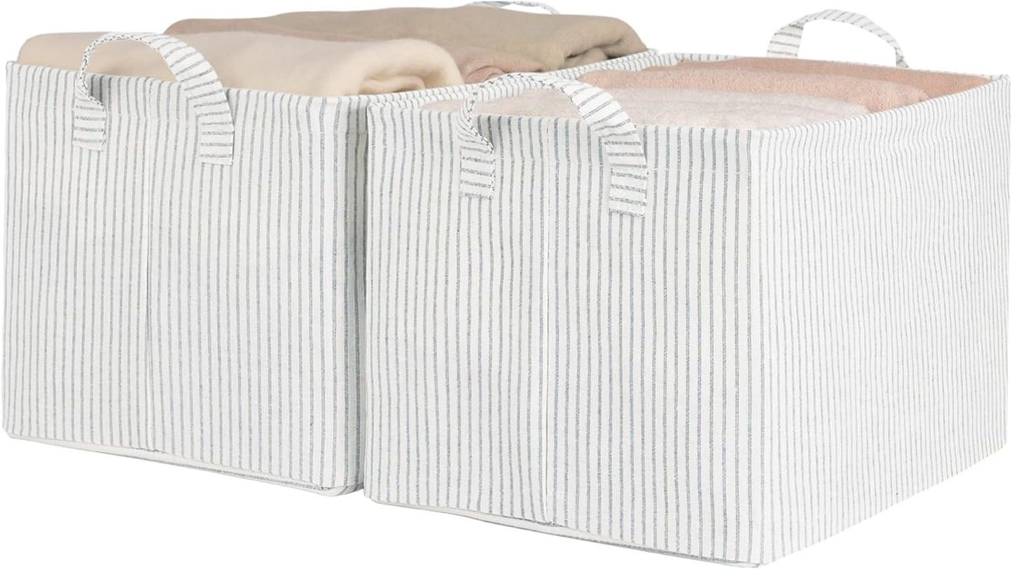 Storage Bins, Fabric Storage Bins for Shelves, Large Storage Baskets with Metal Frame, Closet Baskets and Bins with Handles, Gray and White Stripes, 2-Pack
