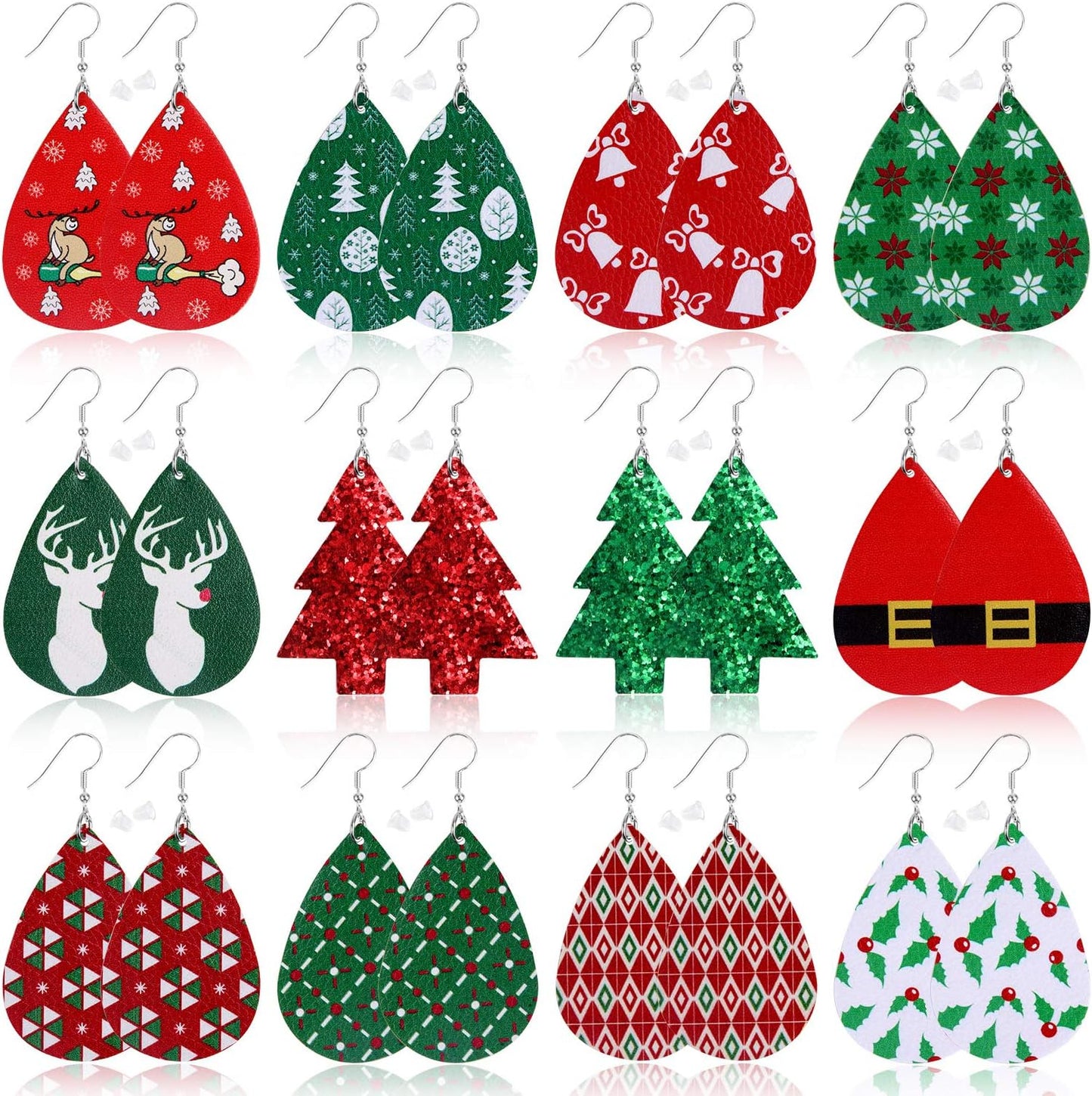 12 Pairs Christmas Faux Leather Earrings for Women Lightweight Leaf Long Dangle Earrings Teardrop Earrings