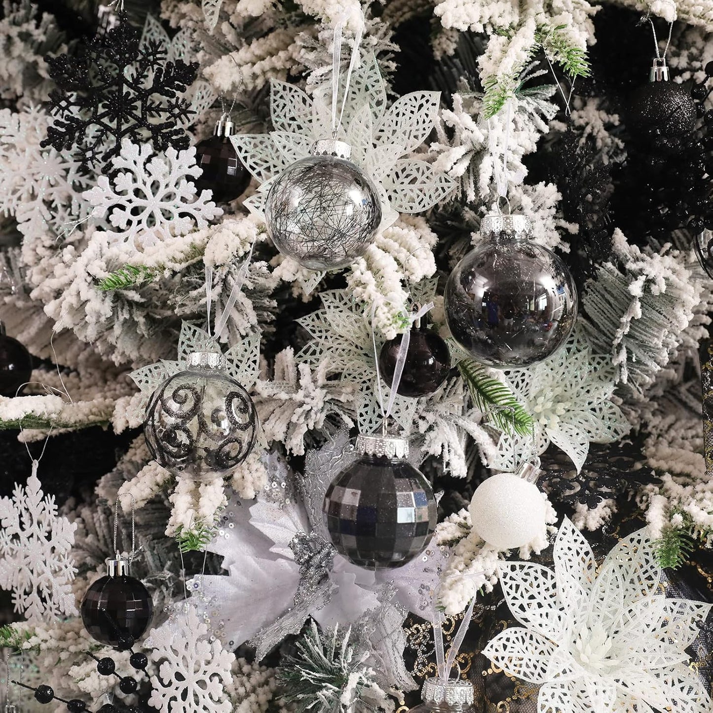 Christmas Ball Ornaments Shatterproof Clear Large Plastic Hanging Ball Decorative Baubles Set with Stuffed Delicate Decorations (70Mm/2.76", Black)