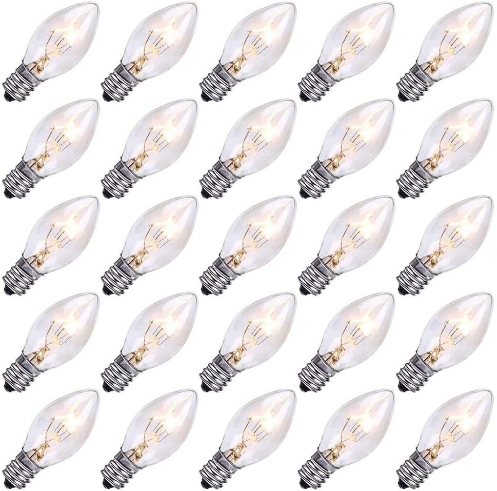 25 Pack C7 Clear Replacement Bulbs Christmas Light Bulbs, Outdoor Patio String Light Bulbs, C7 Night Light Replacement Bulbs, E12/C7 Candelabra Base, 5 Watt- Clear