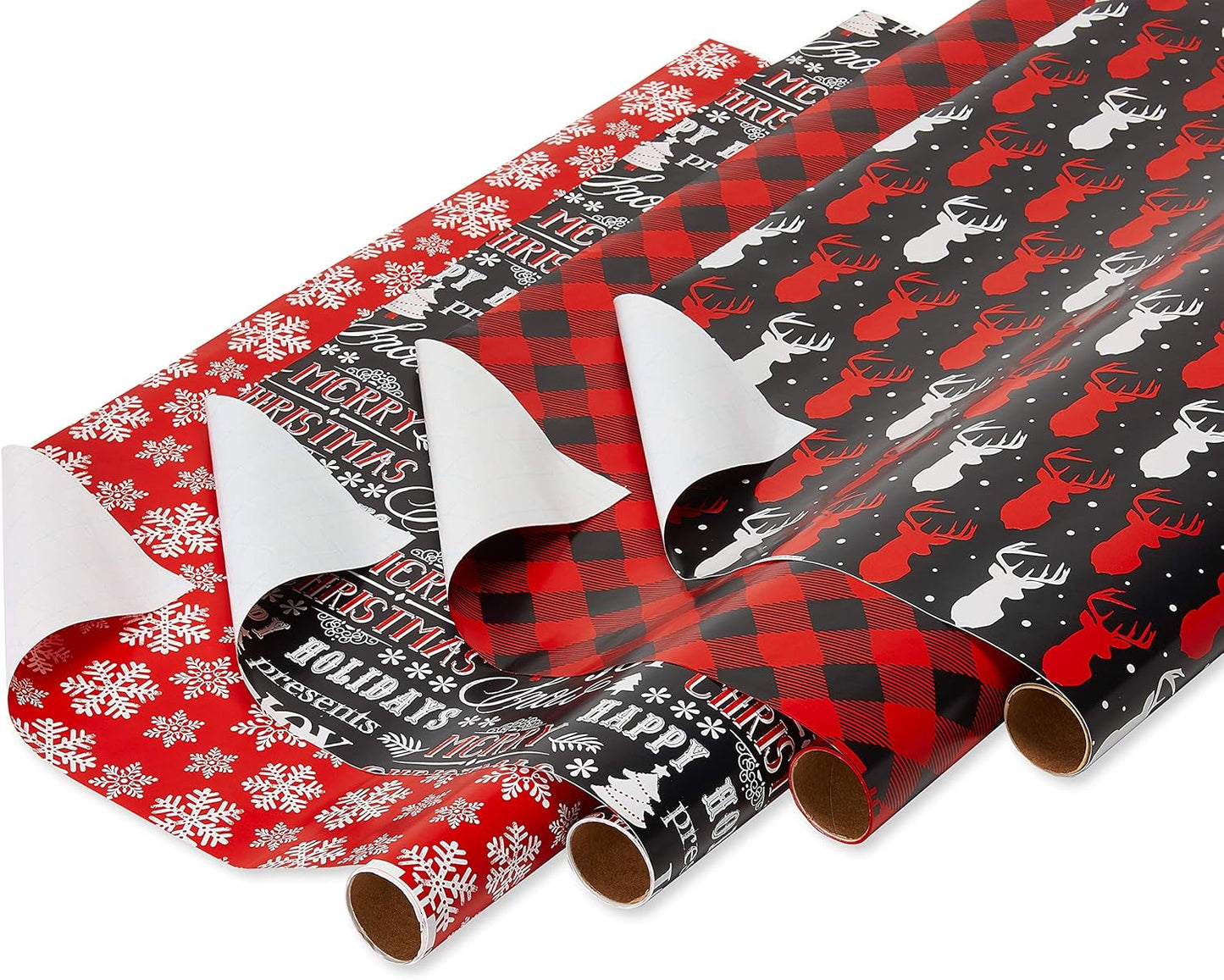 Buffalo Plaid Christmas Wrapping Paper Set, Red and Black Holiday Gift Wrap (120 Sq. Ft., 4 Rolls-30 In. X 12 Ft., 7 Adhesive Bows, 30 Gift Tag Stickers) Snowflakes and Reindeer