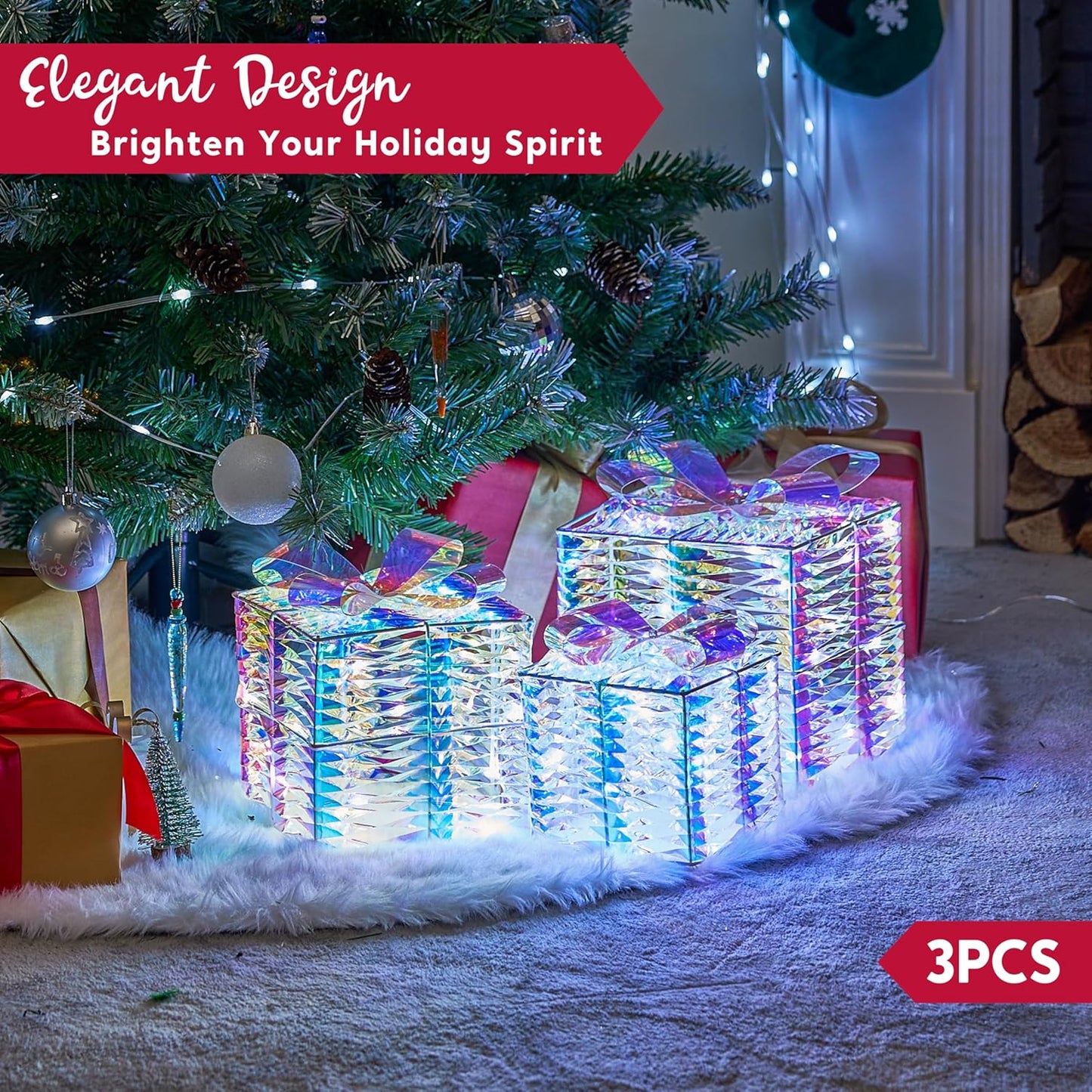 Christmas Lighted Gift Boxes, Christmas Decorations Set of 3, Christmas Iridesce