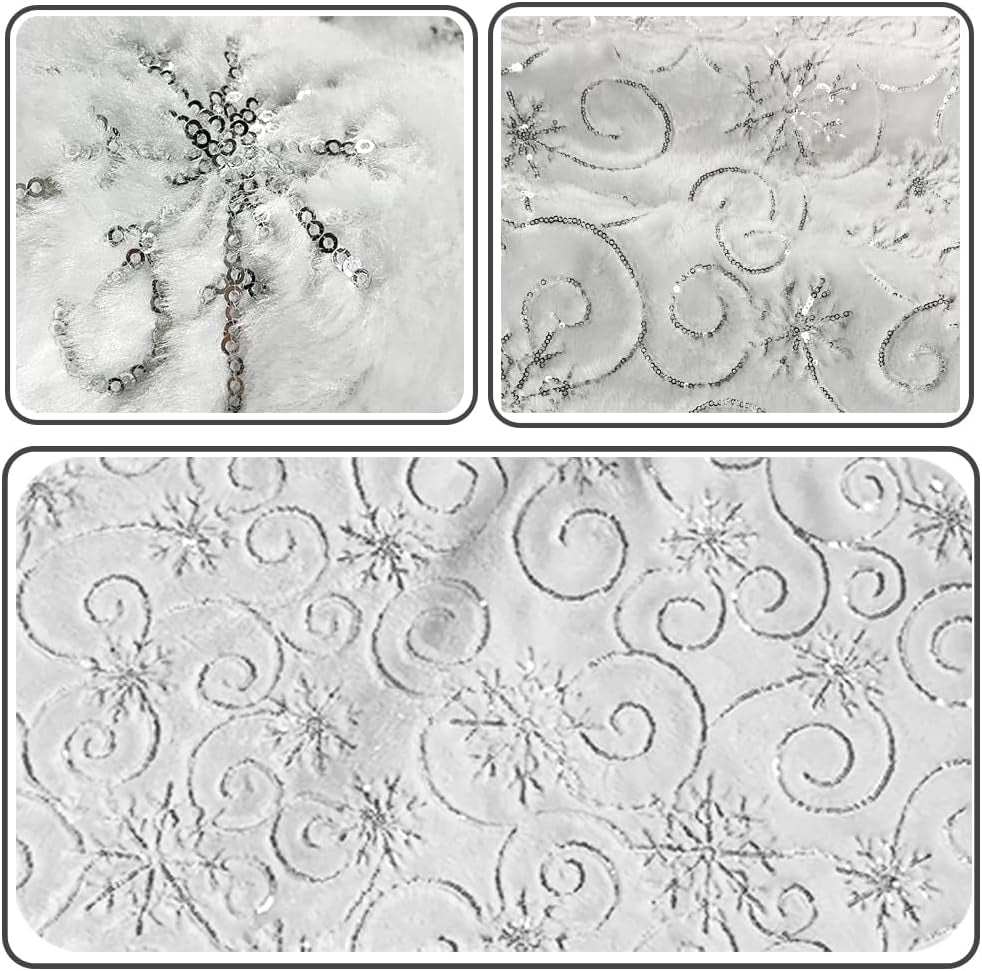 48 Inch Sequin Faux Fur Christmas Tree Skirt for Christmas Tree Decorations White Plush Silver Sequin Snowflake Tree Skirt