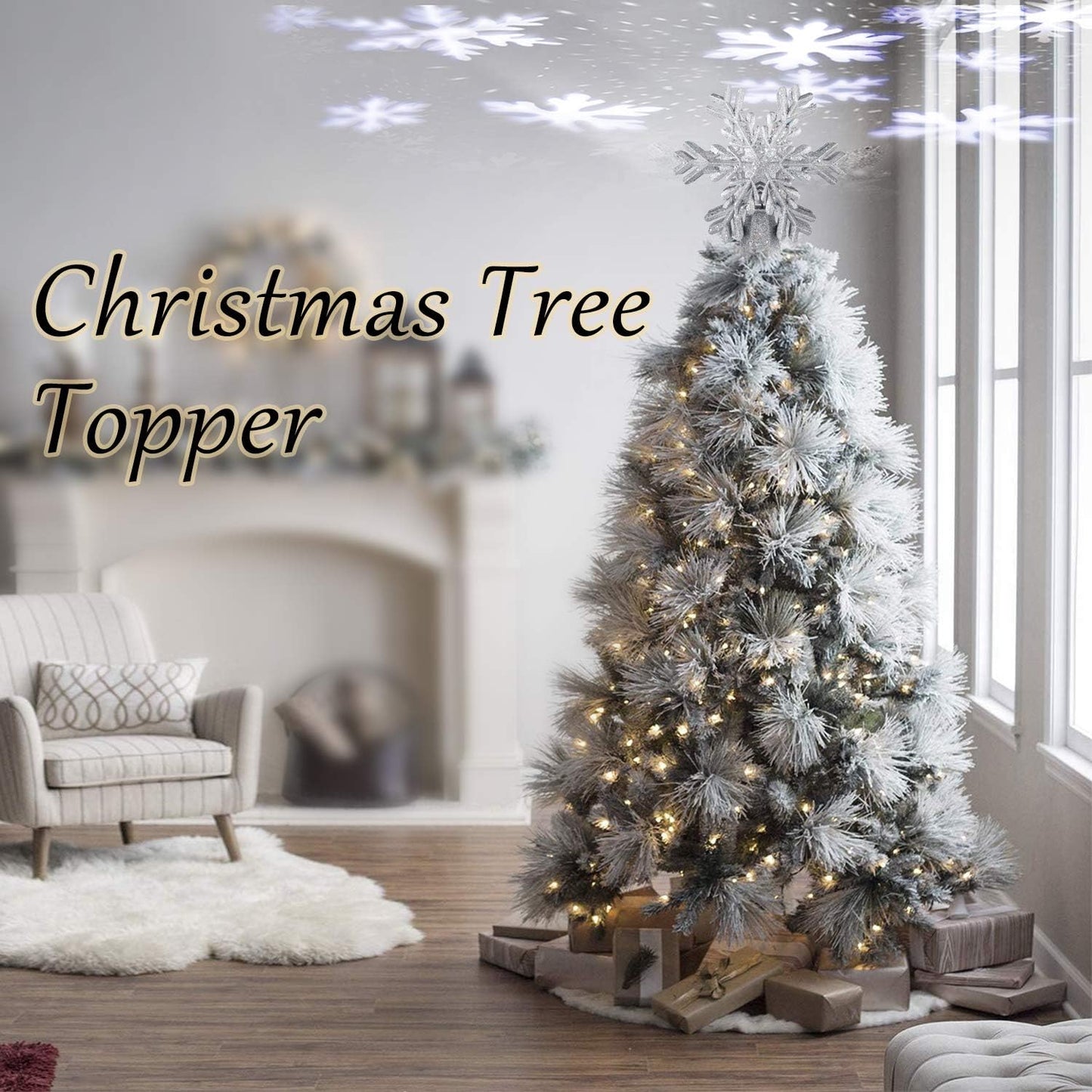 Christmas Tree Topper, Star Tree Topper Lighted Indoor with Rotating 3D Silver Snowflake LED Projector Hollow Glitter Lighted for Xmas Tree Christmas Decorations Holiday