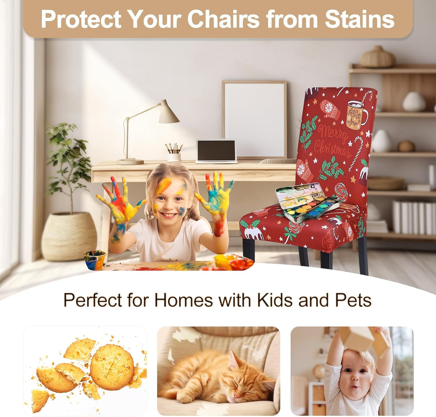 Christmas Dining Chair Covers Set of 6,Stretch Printed Kitchen Chair Cover Washable Spandex Xmas Parsons Chair Protector Slipcovers for Christmas Decoration,Holiday Party(Xmas Red)