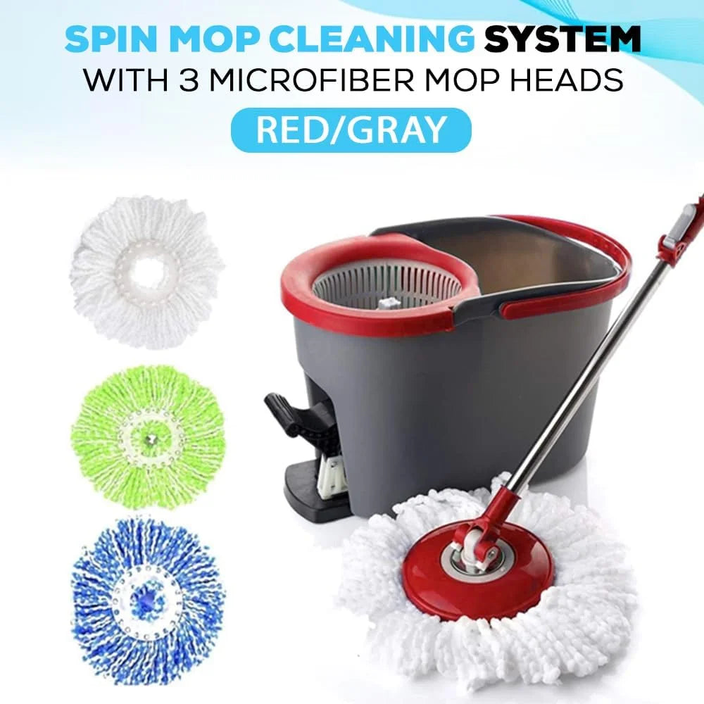 360 Spin Mop and Bucket with Foot Pedal and Soap Dispenser & 3 Microfiber Heads, Red/Black