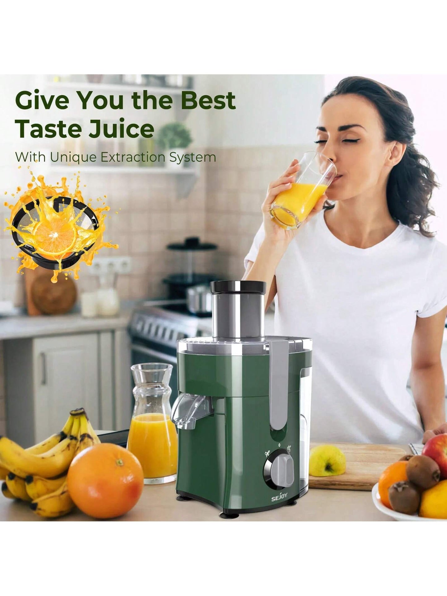 Sejoy Electric Juicer, Large-Diameter Centrifugal High-Speed Juicer, 2 Speed Modes, Multiple Safety Functions, Suitable for Fruits and Vegetables, Easy to Clean, Easy to Operate