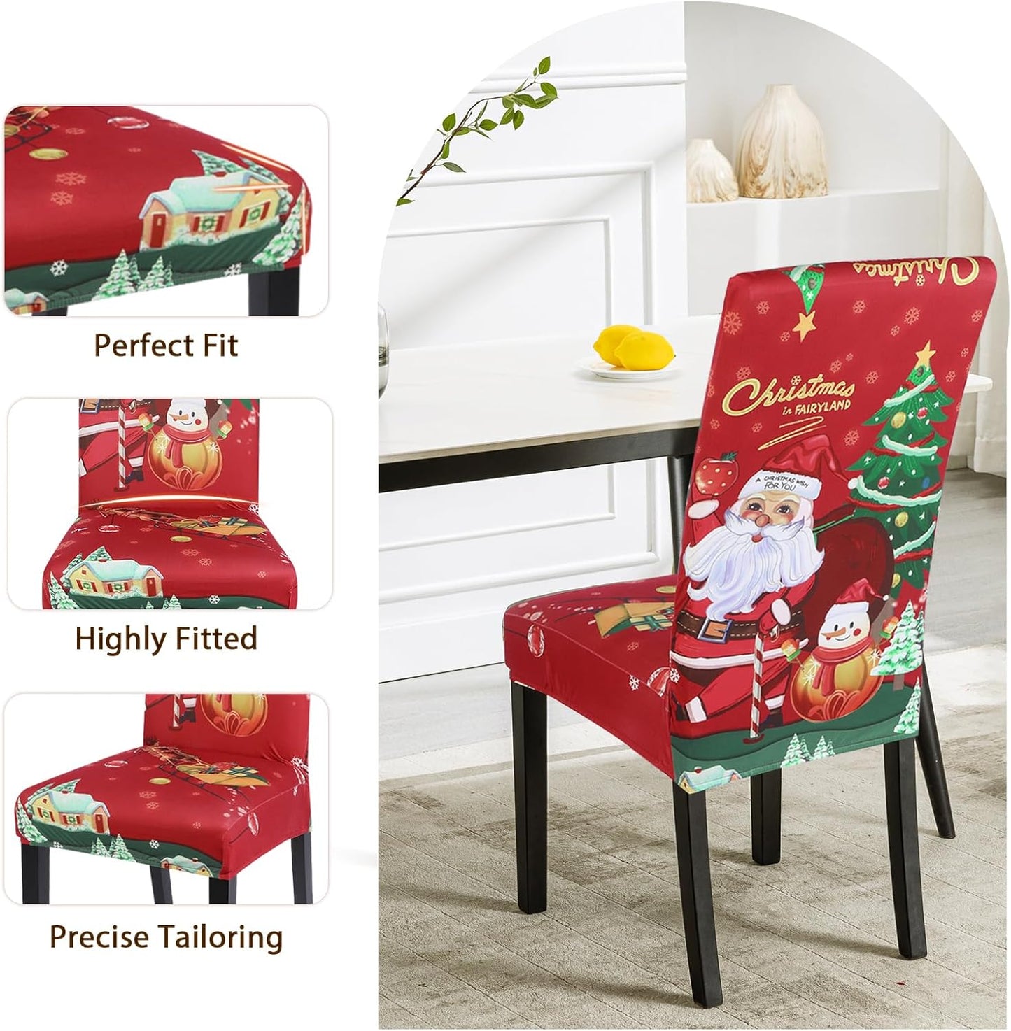Christmas Dining Chair Covers Set of 4,Stretch Printed Kitchen Chair Cover Washable Spandex Xmas Parsons Chair Protector Slipcovers for Christmas Decoration,Holiday Party(Santa Claus)