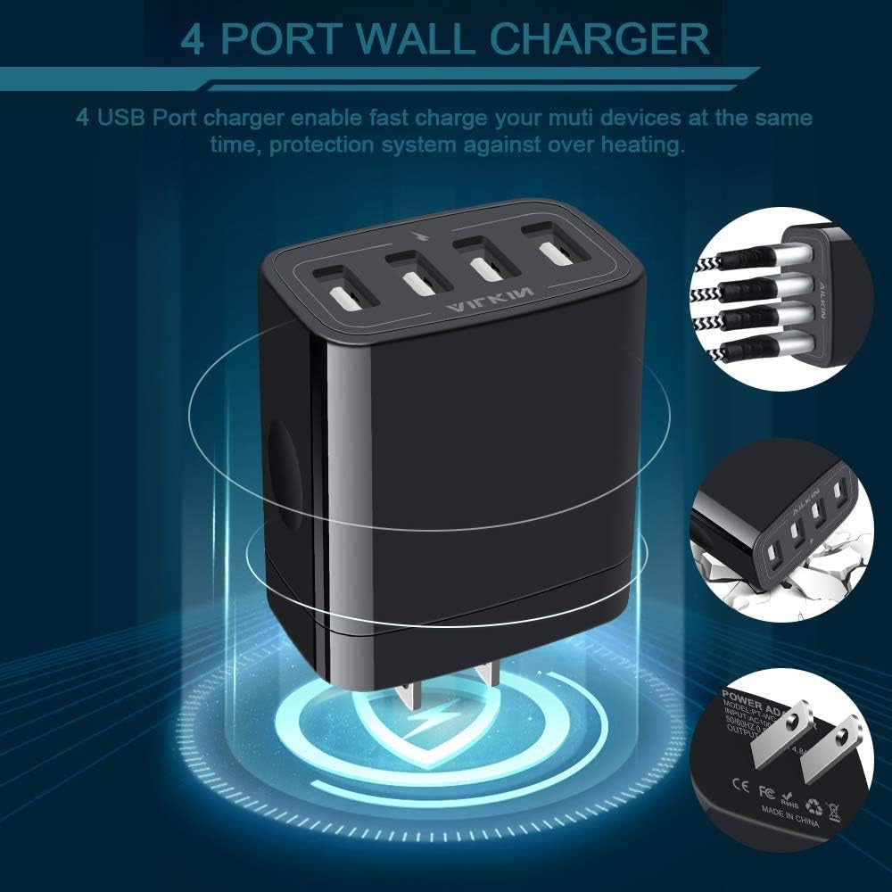 Wall Charger, USB Charger Adapter, 4.8A 4Multi Port Fast Charging Station Power Base Block Plug Cube Brick for Iphone 15 14 SE 13 12 11Pro Max/Xr/Xs/8Plus, Samsung A14/A13/S23/S22 Kindle Plug