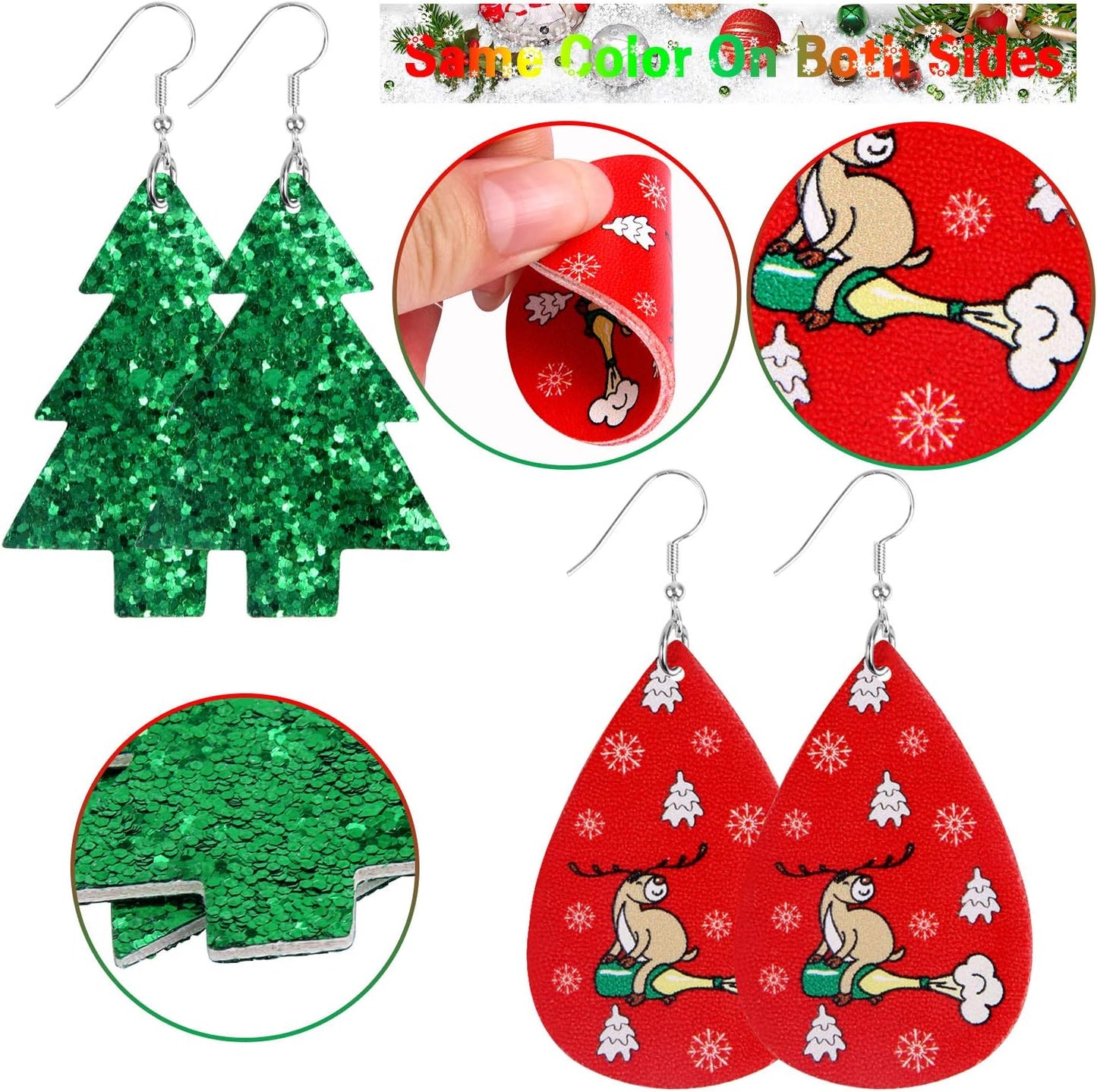 12 Pairs Christmas Faux Leather Earrings for Women Lightweight Leaf Long Dangle Earrings Teardrop Earrings