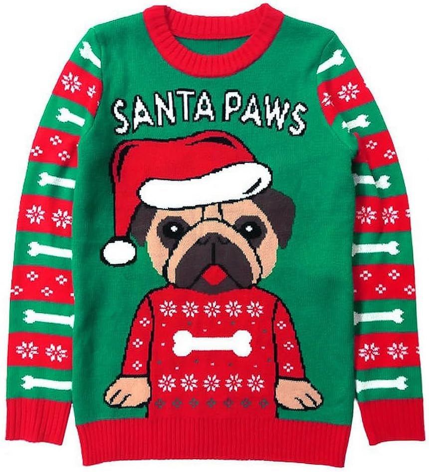 Pug Christmas Sweater for Men Women Adult Unisex Santa Paws Ugly Xmas Holiday Tacky Sweater