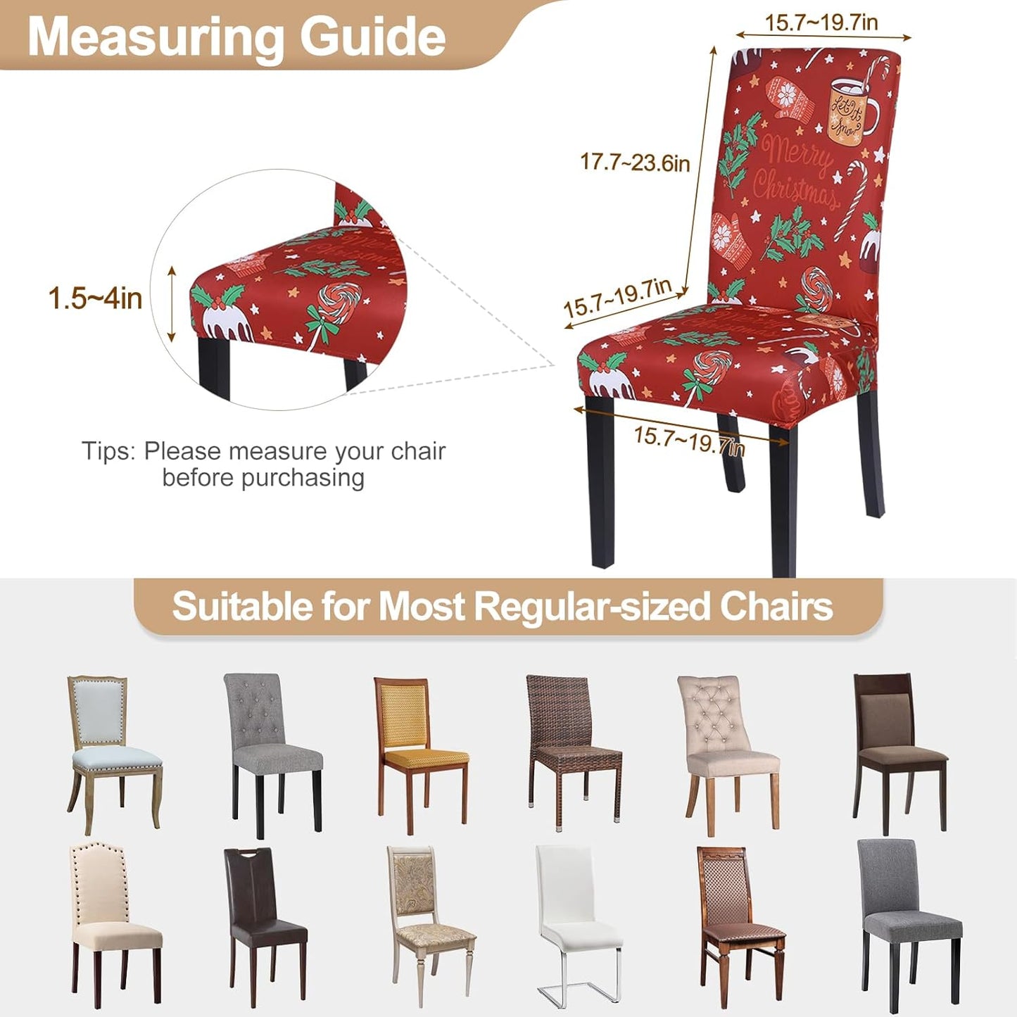 Christmas Dining Chair Covers Set of 6,Stretch Printed Kitchen Chair Cover Washable Spandex Xmas Parsons Chair Protector Slipcovers for Christmas Decoration,Holiday Party(Xmas Red)