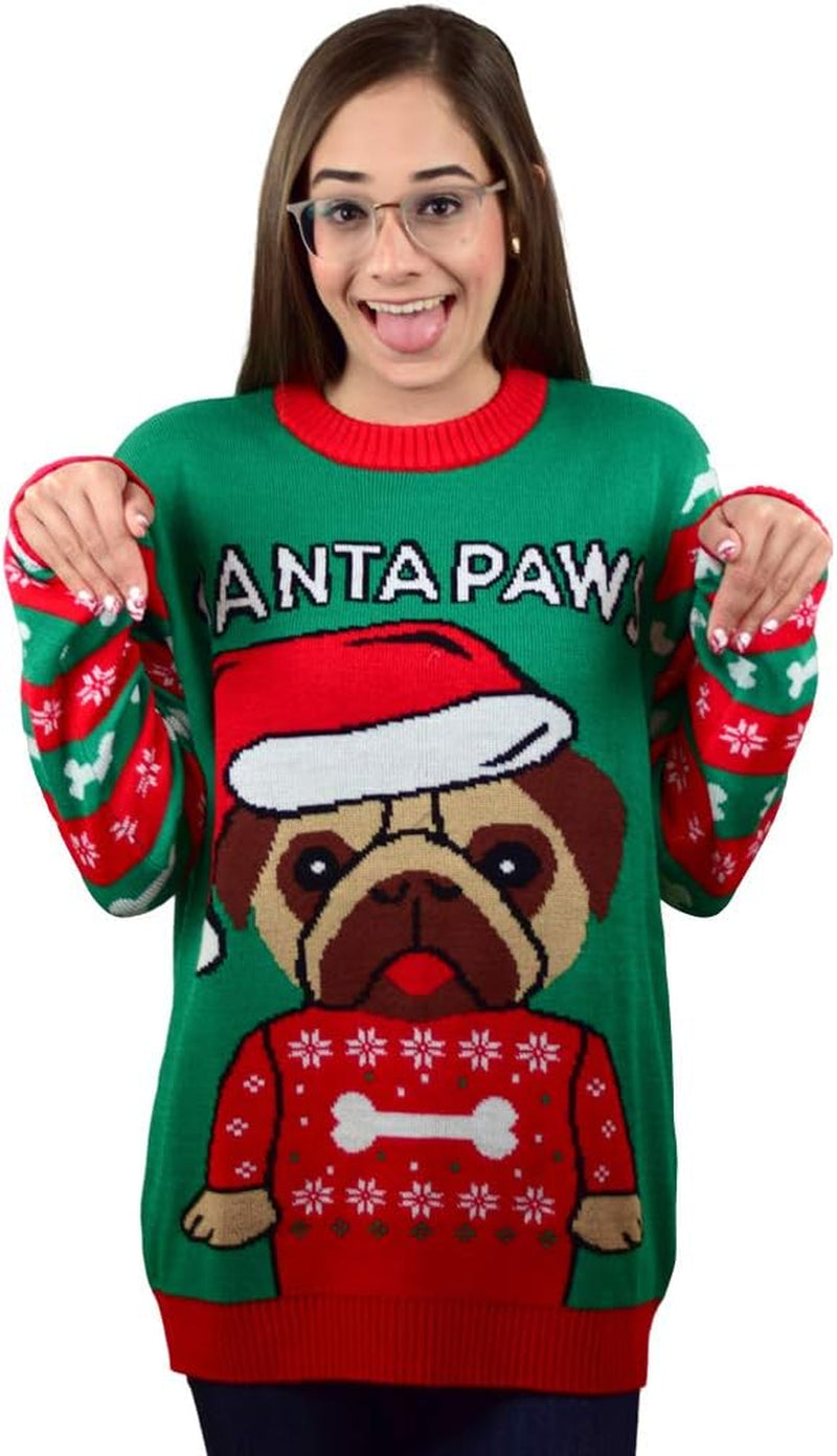 Pug Christmas Sweater for Men Women Adult Unisex Santa Paws Ugly Xmas Holiday Tacky Sweater