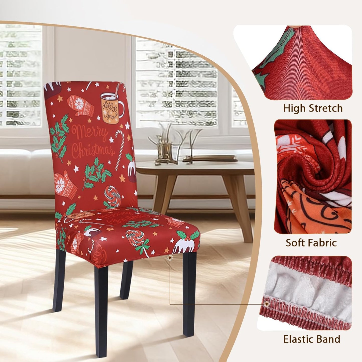 Christmas Dining Chair Covers Set of 6,Stretch Printed Kitchen Chair Cover Washable Spandex Xmas Parsons Chair Protector Slipcovers for Christmas Decoration,Holiday Party(Xmas Red)
