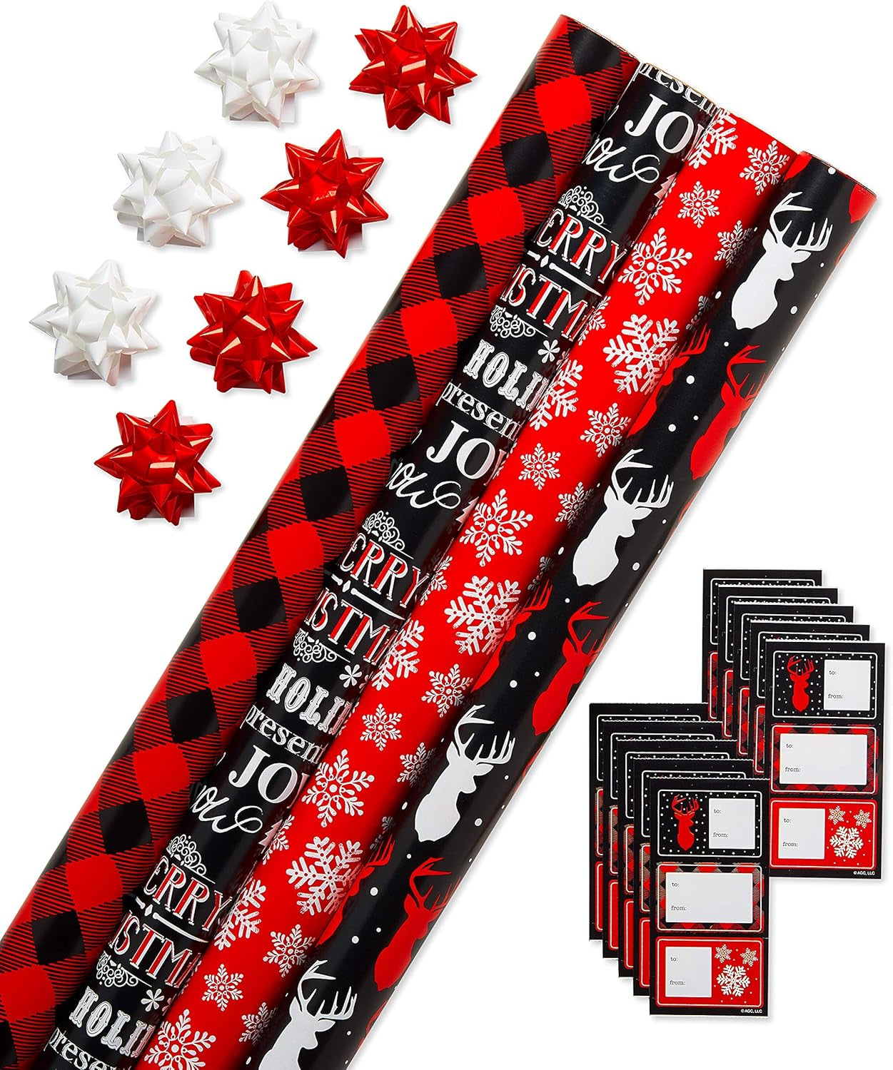 Buffalo Plaid Christmas Wrapping Paper Set, Red and Black Holiday Gift Wrap (120 Sq. Ft., 4 Rolls-30 In. X 12 Ft., 7 Adhesive Bows, 30 Gift Tag Stickers) Snowflakes and Reindeer