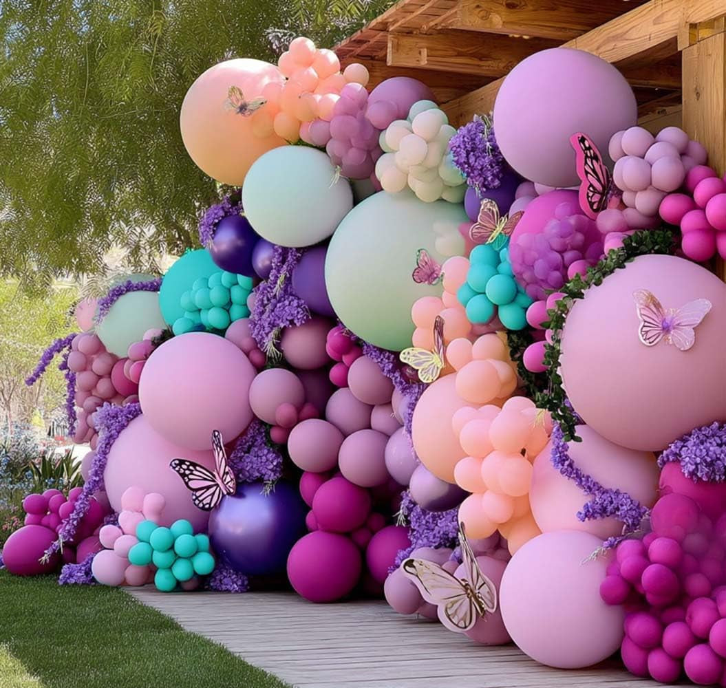 Pastel Purple Pink Balloons Lavender Teal Balloon Garland Metallic Lilac Blue Balloons Different Size Green and Orange Balloon Arch Kit for Encanto Birthday Butterfly Baby Shower Princess Party Supply