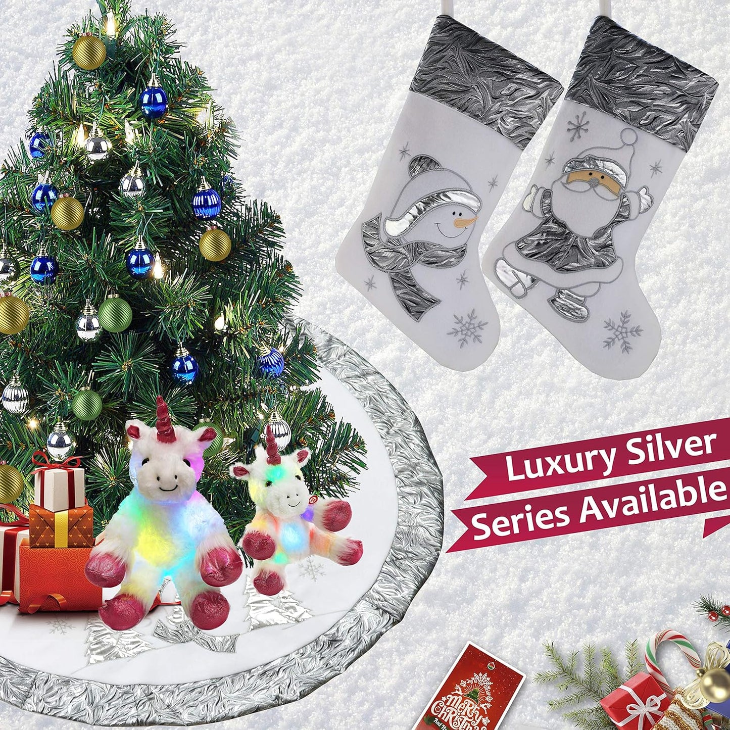 36'' Luxury Silvery Christmas Tree Skirt Santa Embroidered White Santa Claus Snowflake with Satin Border Xmas Tree Skirt Christmas Tree Ornaments Gifts