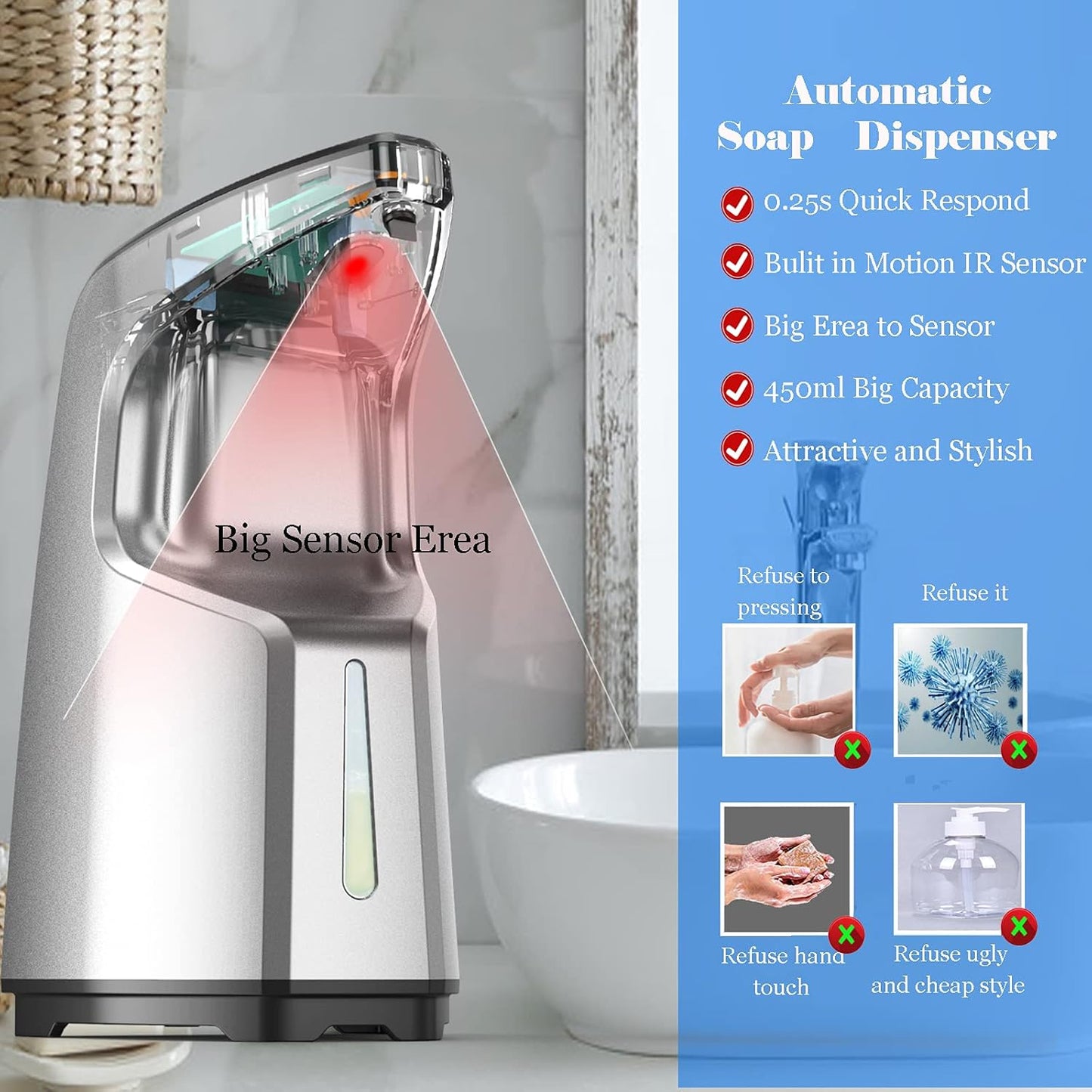 Soap Dispenser, Automatic Soap Dispenser Touchless,Dish Soap Dispenser for Kitchen Bathroom, Hand Soap Dispensers-Infrared Motion Sensor/1 Year Warranty/Touchless High Capacity Auto Soap Dispenser