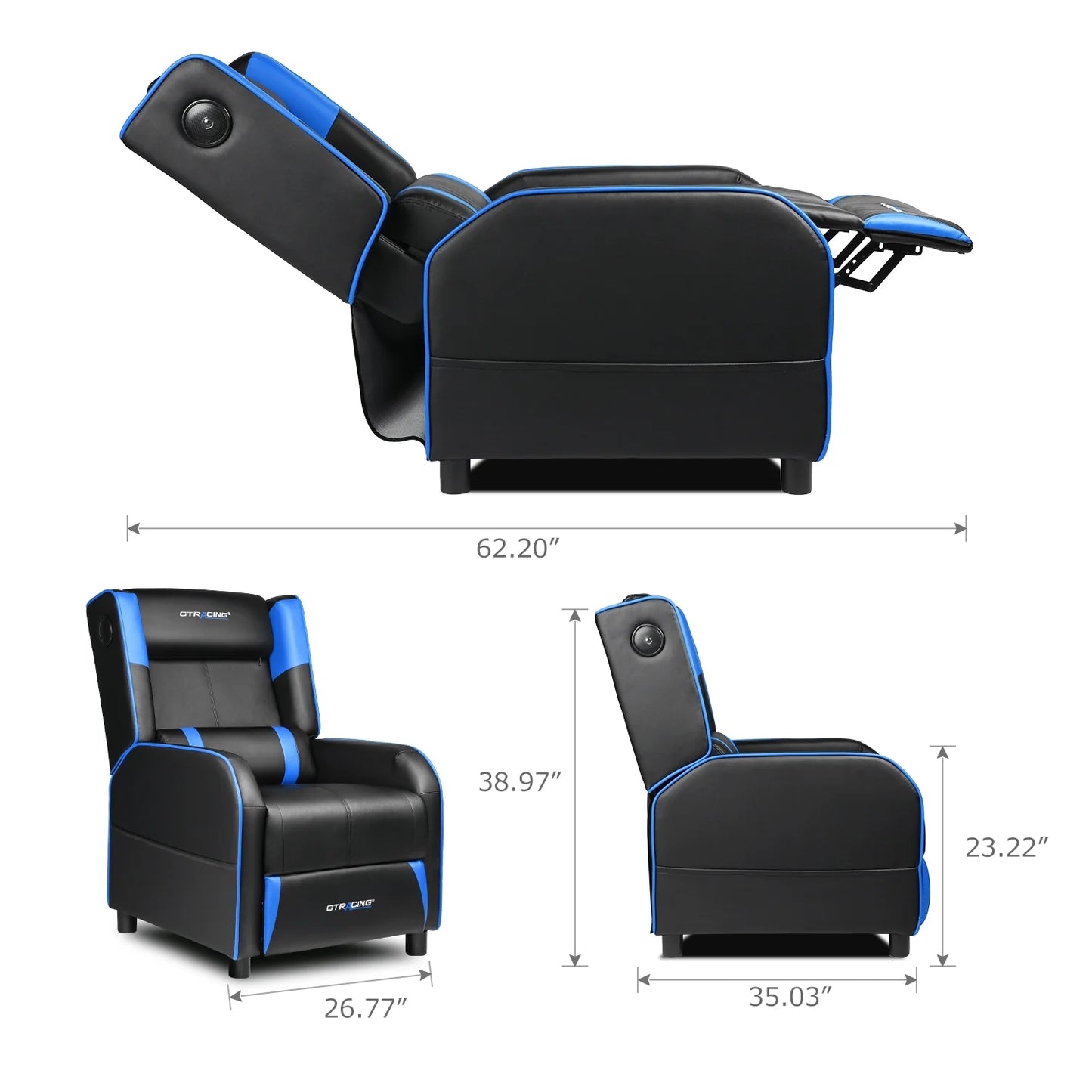 Gaming Recliner Chair Bluetooth Speakers Footrest Racing Style Single Living Room Sofa PU Leather Home Theater Seating Massage Lumbar Support, Blue