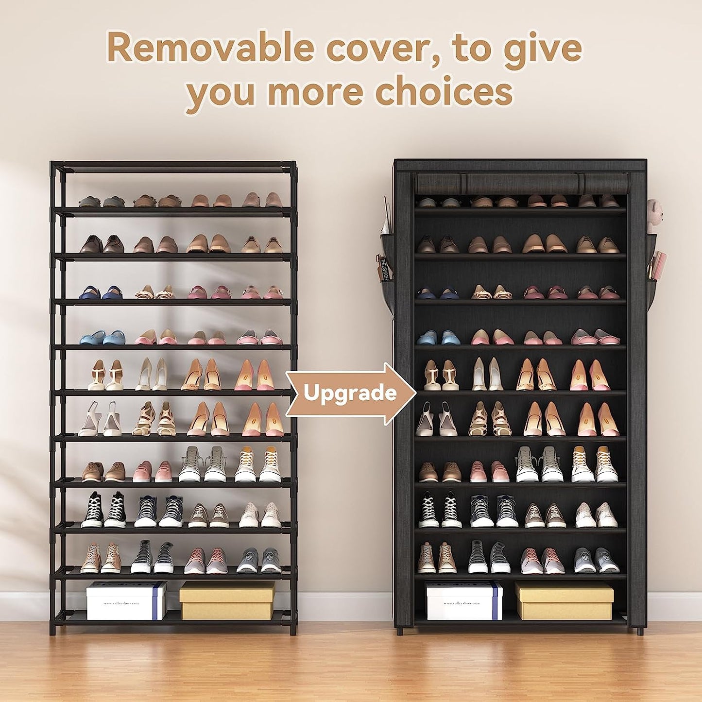10 Tier Shoe Rack with Covers,Large Capacity Stackable Tall Shoe Shelf Storage to 50-55 Pairs Shoes and Boots Sturdy Metal Free Standing Shoe Rack Organizer for Closet Entryway Garage