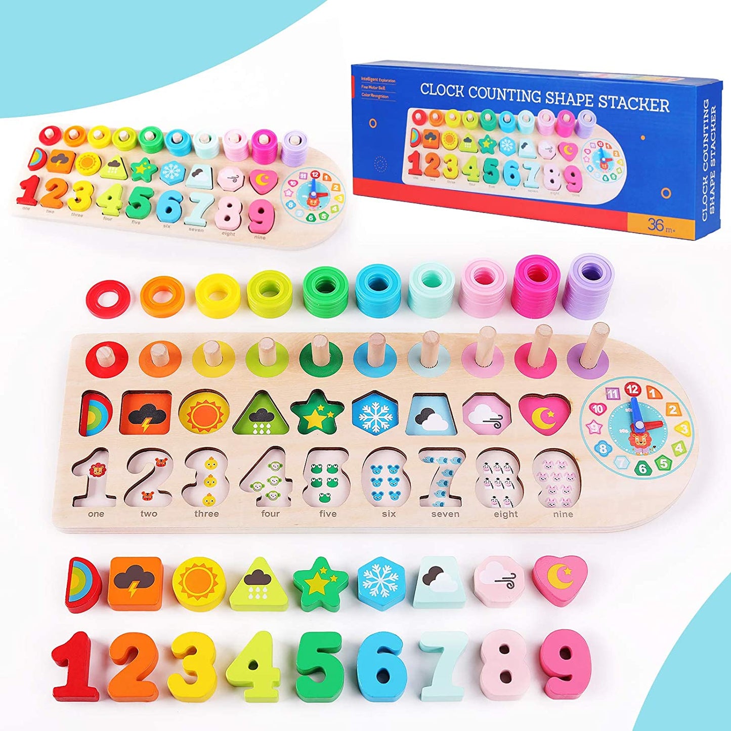 Preschool Educational Learning Montessori Toys for Kids, Toddler Puzzles Number Shape Sorter Counting Stacker with Clock Weather, Boys Girls Activities Math Game Gift for Age 3 4 5 Years