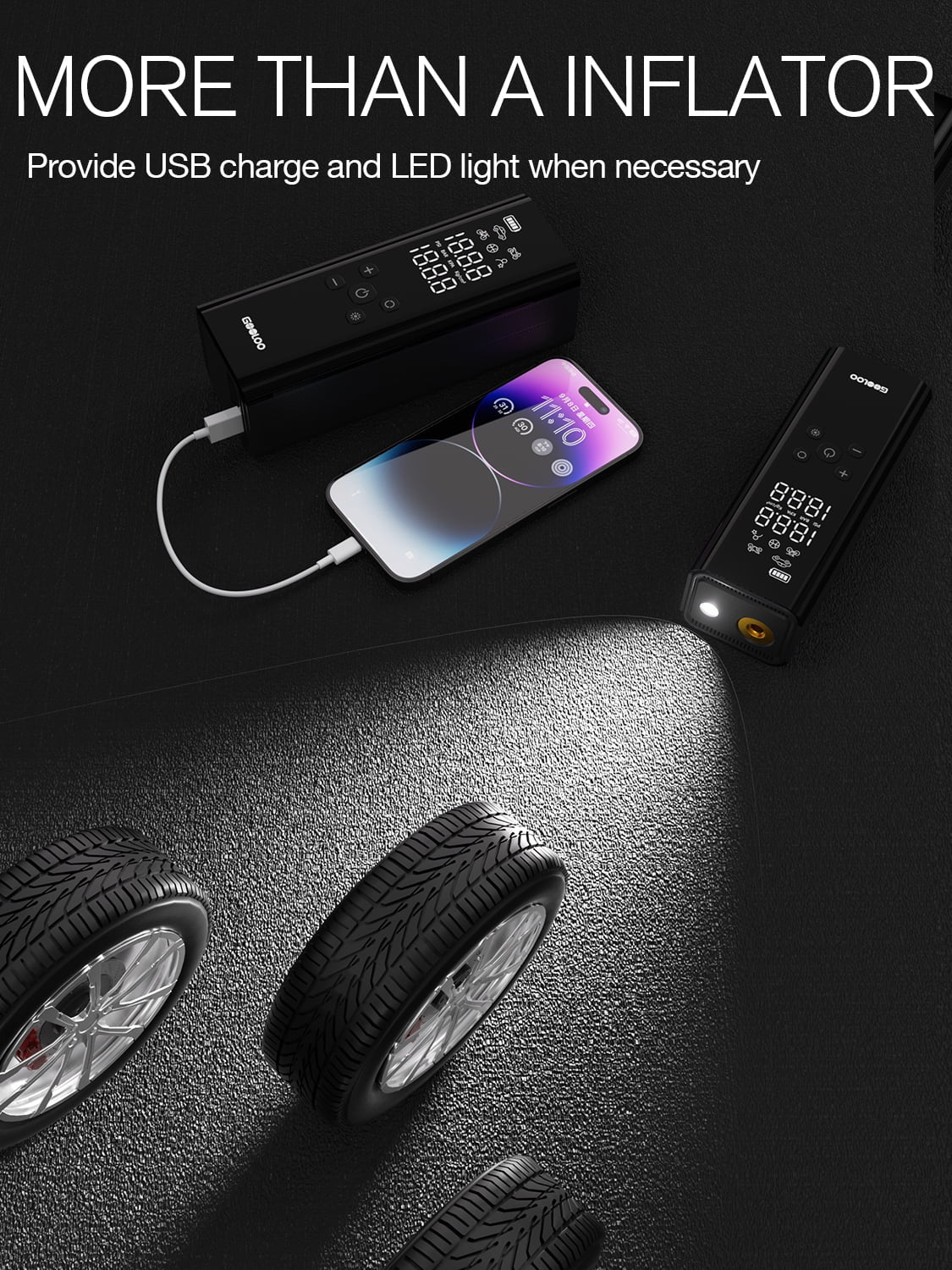 GT150 Cordless Portable Tire Inflator, 7500Mah 150 PSI Air Compressor for Car Tires, Digital Pressure Gauge, Automatic Shut-Off, Emergency LED Light, Compact Electric Air Pump