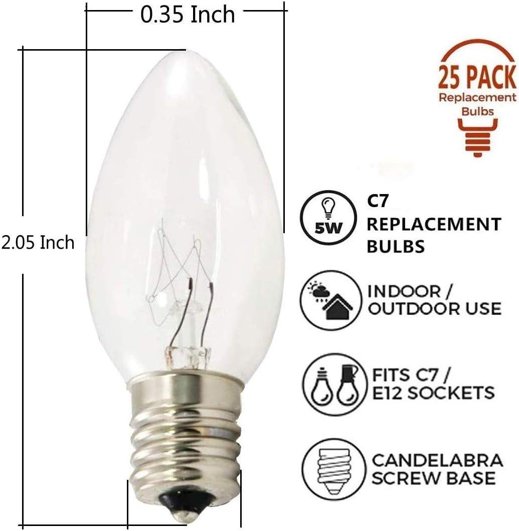 25 Pack C7 Clear Replacement Bulbs Christmas Light Bulbs, Outdoor Patio String Light Bulbs, C7 Night Light Replacement Bulbs, E12/C7 Candelabra Base, 5 Watt- Clear