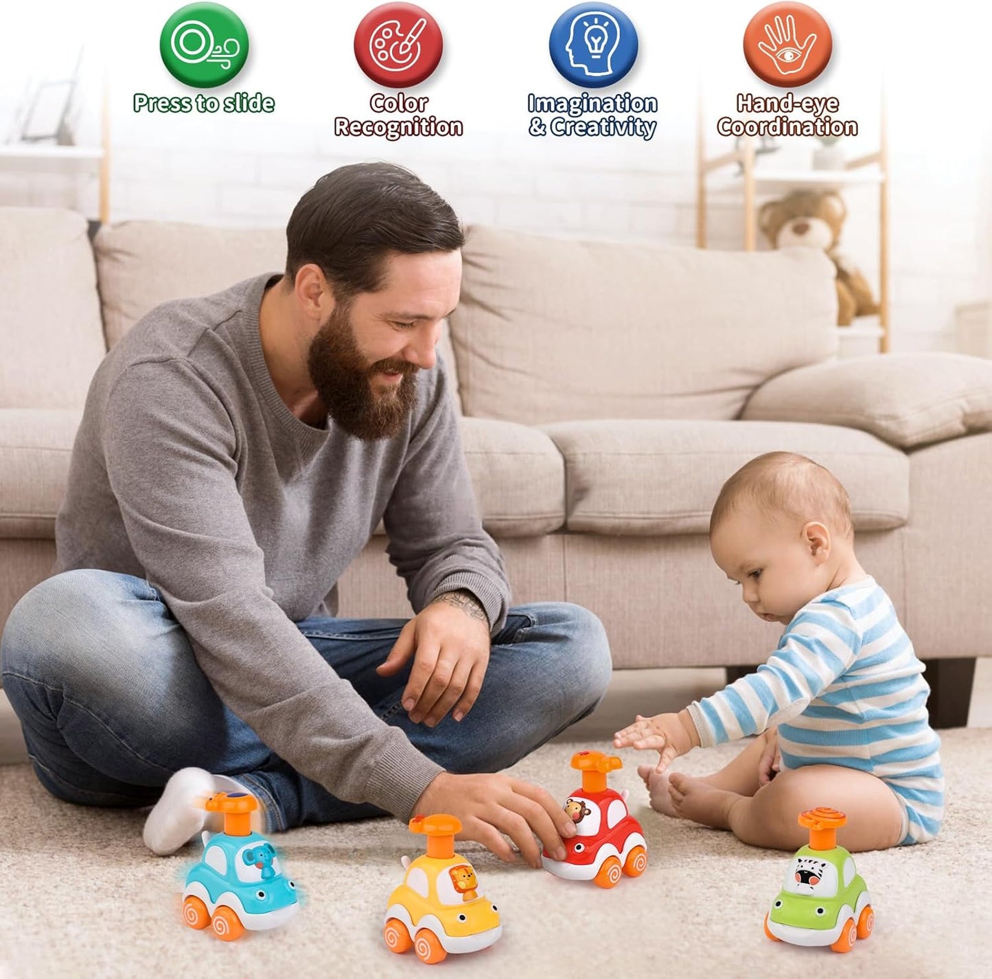 Press and Go Toddler Toy Cars - Animal-Themed Push and Go Cars for Boys Aged 1-3, Ideal First Birthday Gifts for 1-2 Year Olds, Suitable for 6-18 Months