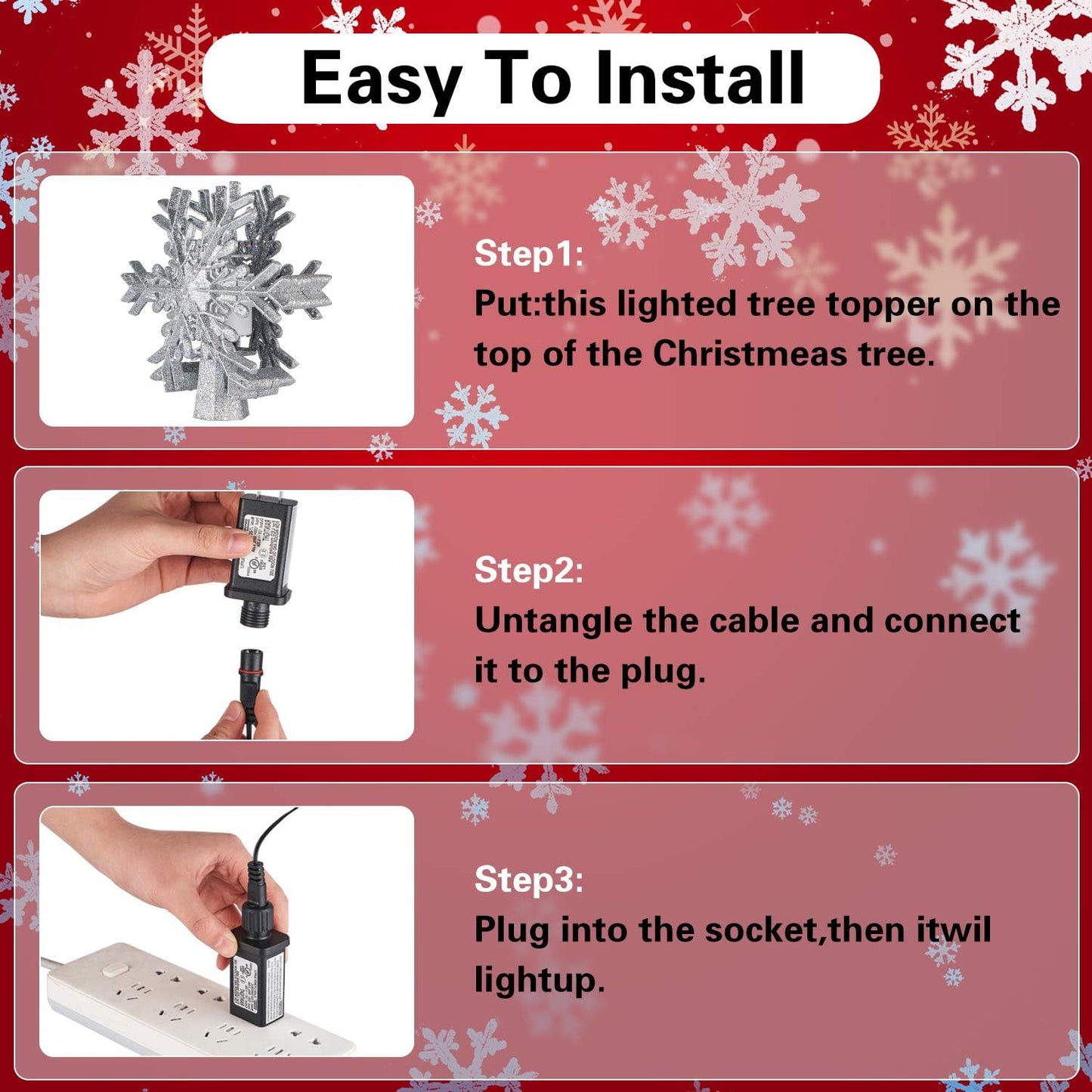 Christmas Tree Topper, Star Tree Topper Lighted Indoor with Rotating 3D Silver Snowflake LED Projector Hollow Glitter Lighted for Xmas Tree Christmas Decorations Holiday