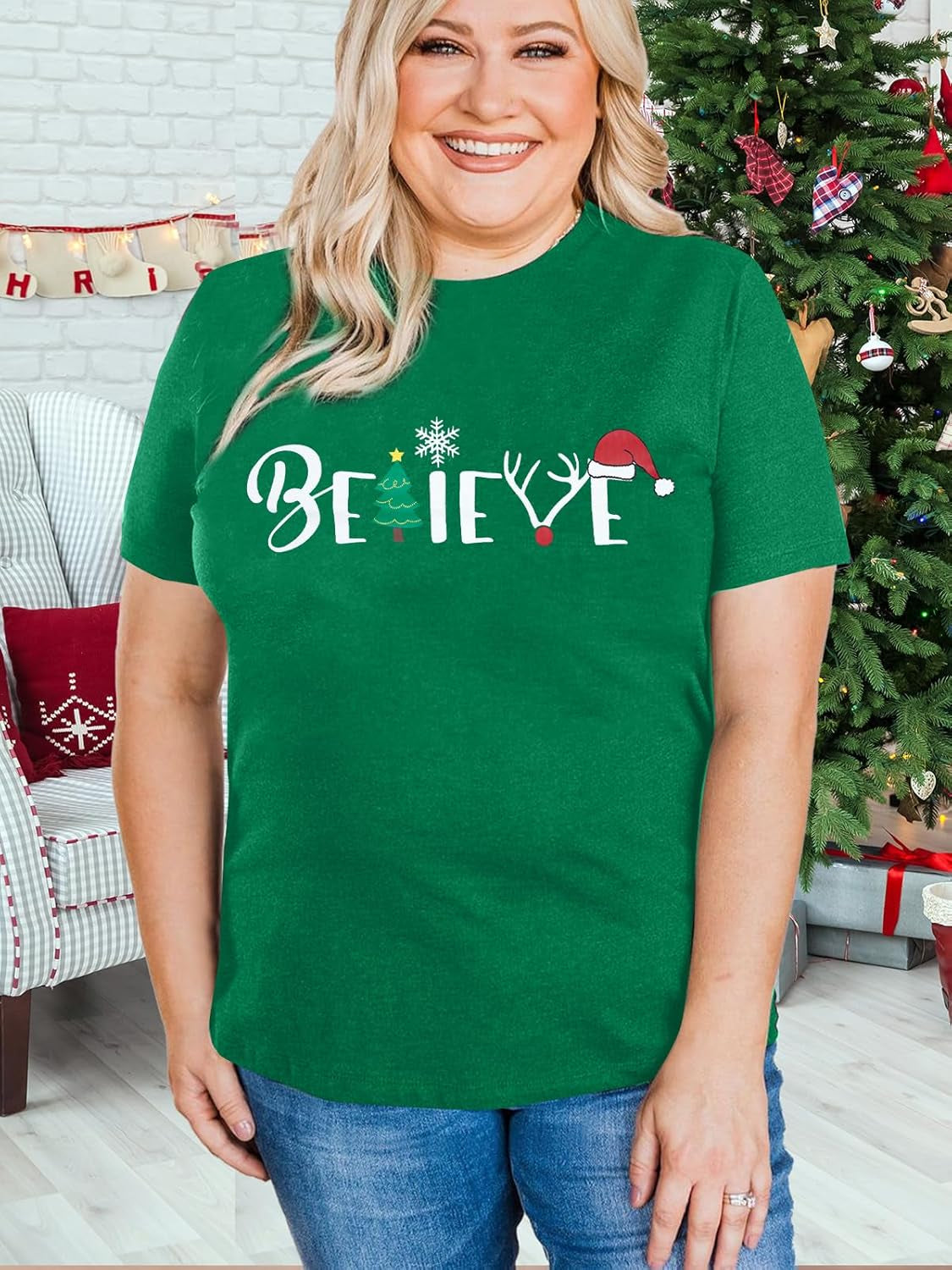 Christmas Shirt for Women Believe Letter Print T Shirts Asual Retro Holiday Short Sleeve Pullover Tops Xmas Gift