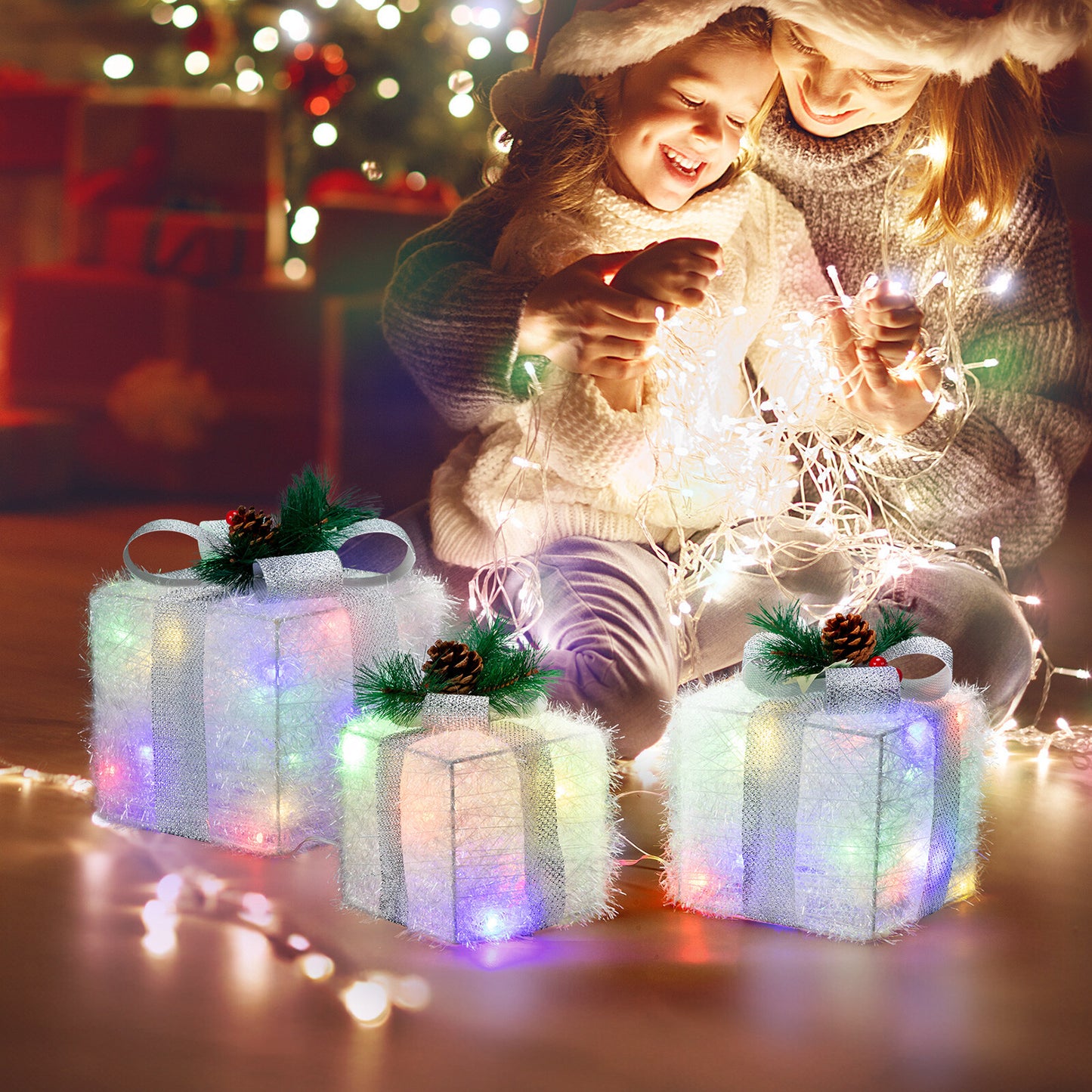 3 X Christmas Lighted Gift Boxes Decorations Holiday Party Home Yard, White