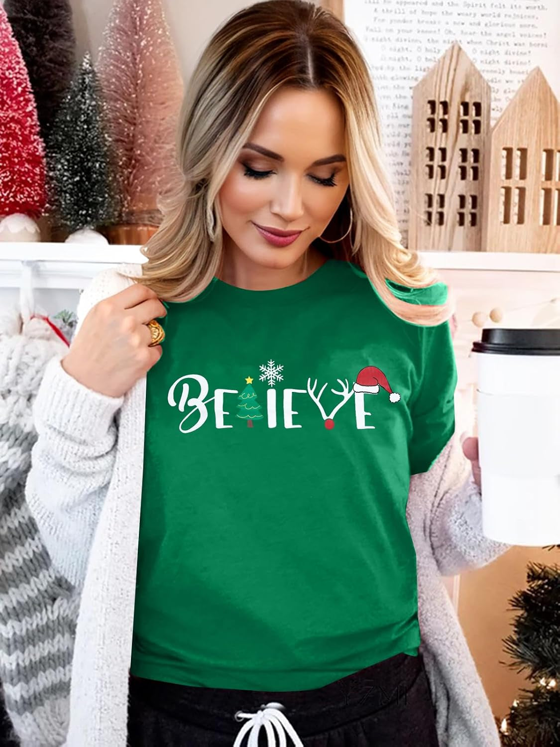 Christmas Shirt for Women Believe Letter Print T Shirts Asual Retro Holiday Short Sleeve Pullover Tops Xmas Gift