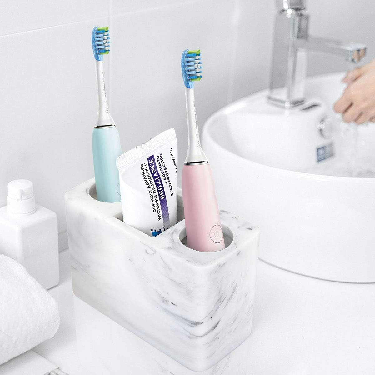 Electric Toothbrush Holder, 3 Slots Large Marble Toothbrush Toothpaste Stand, Resin Storage for Bathroom Accessories Vanity Counter Sink Organizer Caddy Marble Style- Ink White